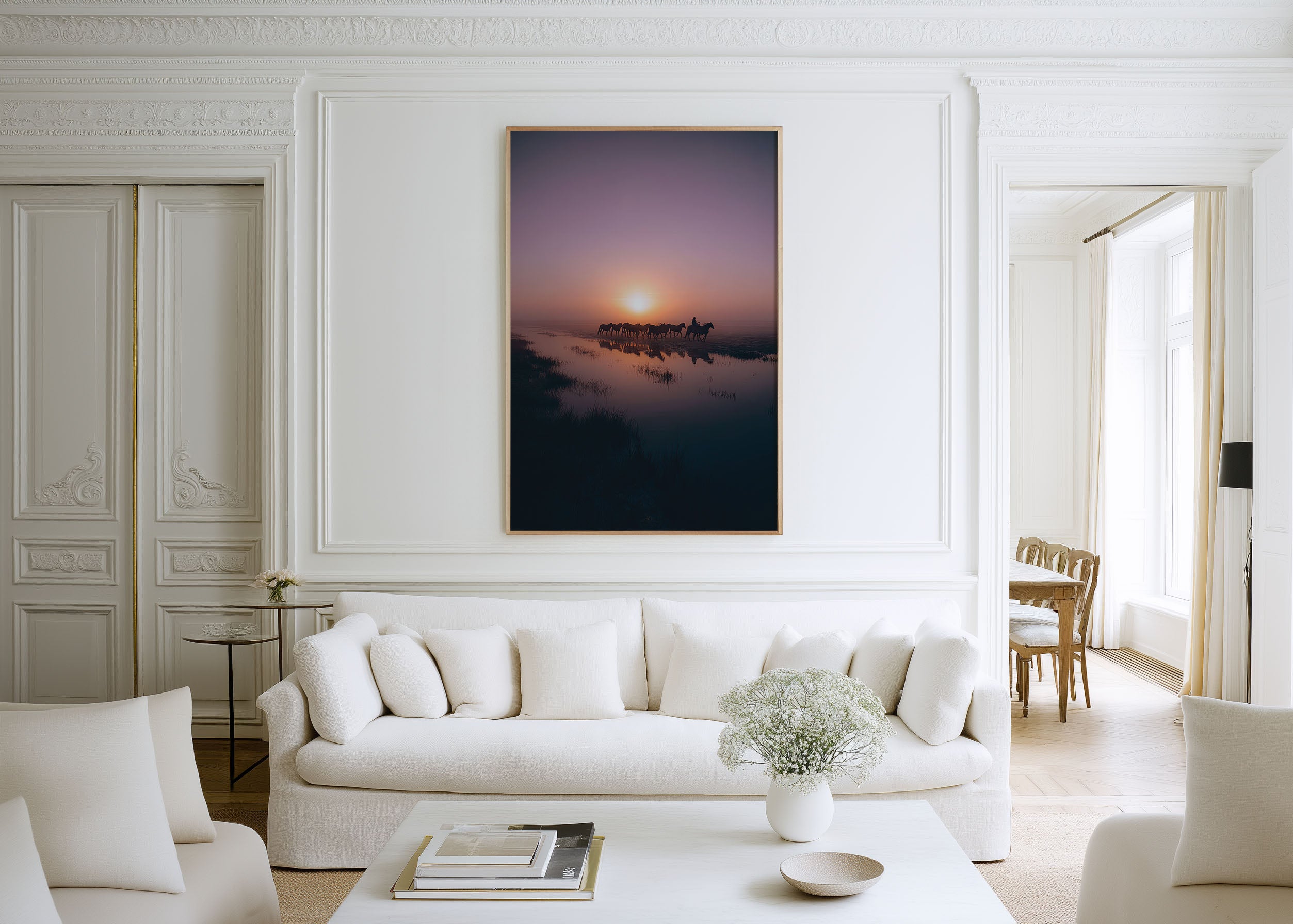 Wild Horses Sunset Wall Art Print – Minimalist Landscape Canvas & Framed Nature Silhouette Decor