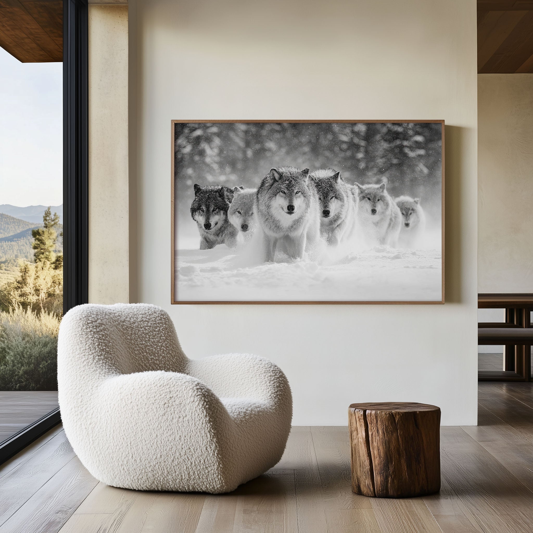 Wolf Pack Black and White Wall Art Print – Snow Wildlife Canvas