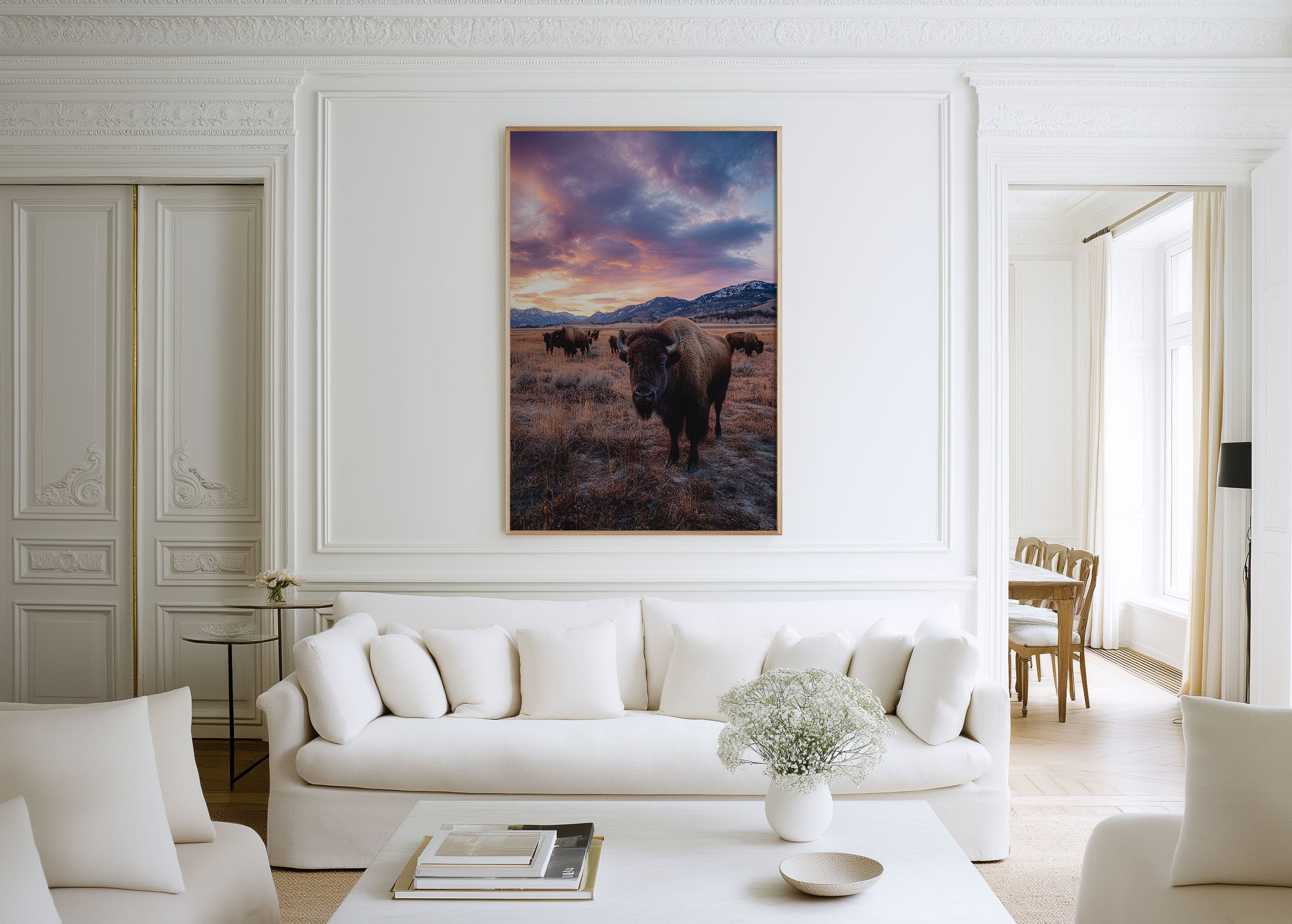 Yellowstone Bison Sunset Wall Art Print – American Wildlife Canvas & Framed Mountain Landscape Decor