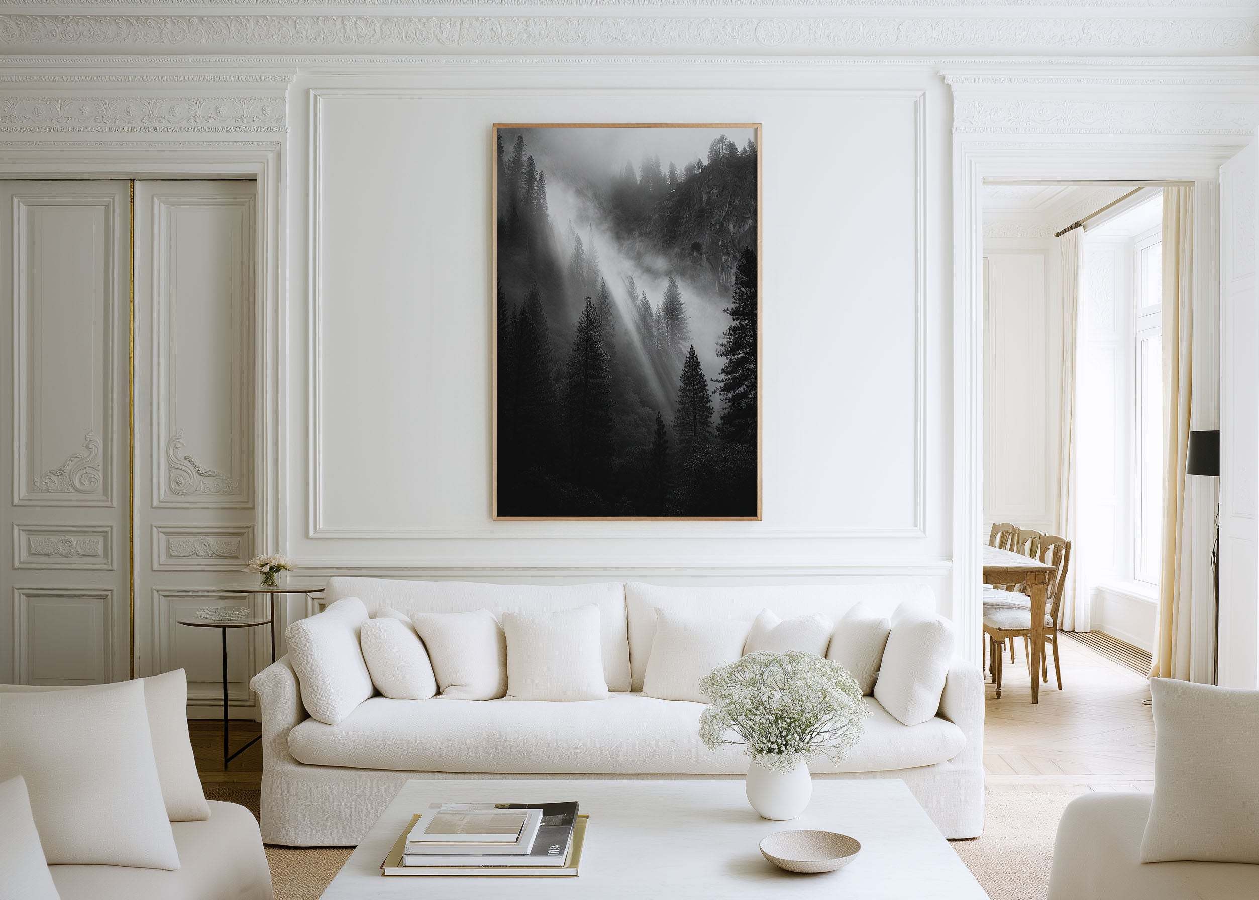 Yosemite Forest Light Rays Wall Art Print | Black & White Fog & Mist Photography | Valley Light Beams Poster | California Nature Print | Moody Forest Home Decor