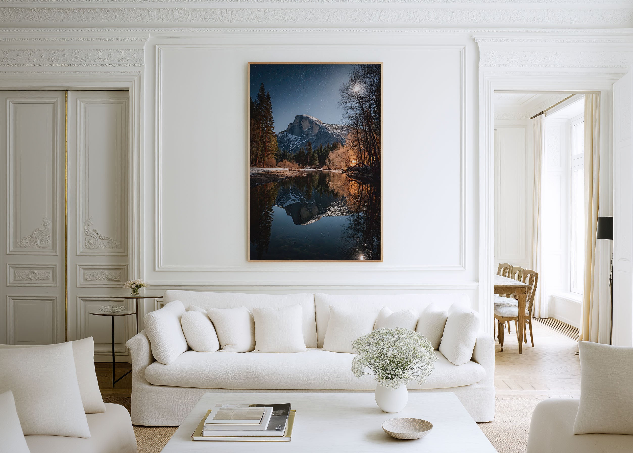 Yosemite Half Dome Moonrise Wall Art Print | Winter Night Merced River Reflection Photography | California National Park Poster | Starry Sky Nature Print | Magical Home Decor