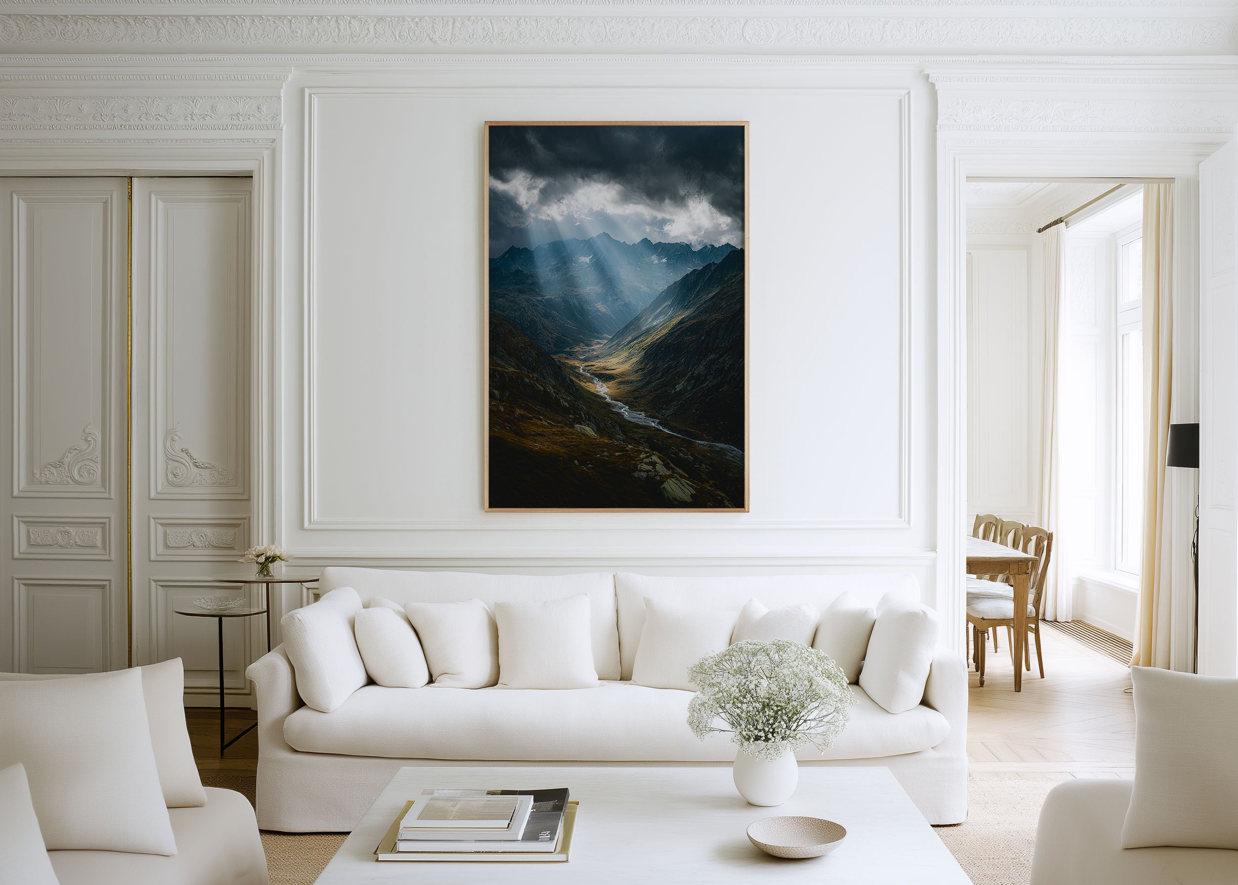 Austrian Alps Mountain Valley Storm Light Print | Alpine Valley River Wall Art | Dramatic Alps God Rays Landscape Photography Poster