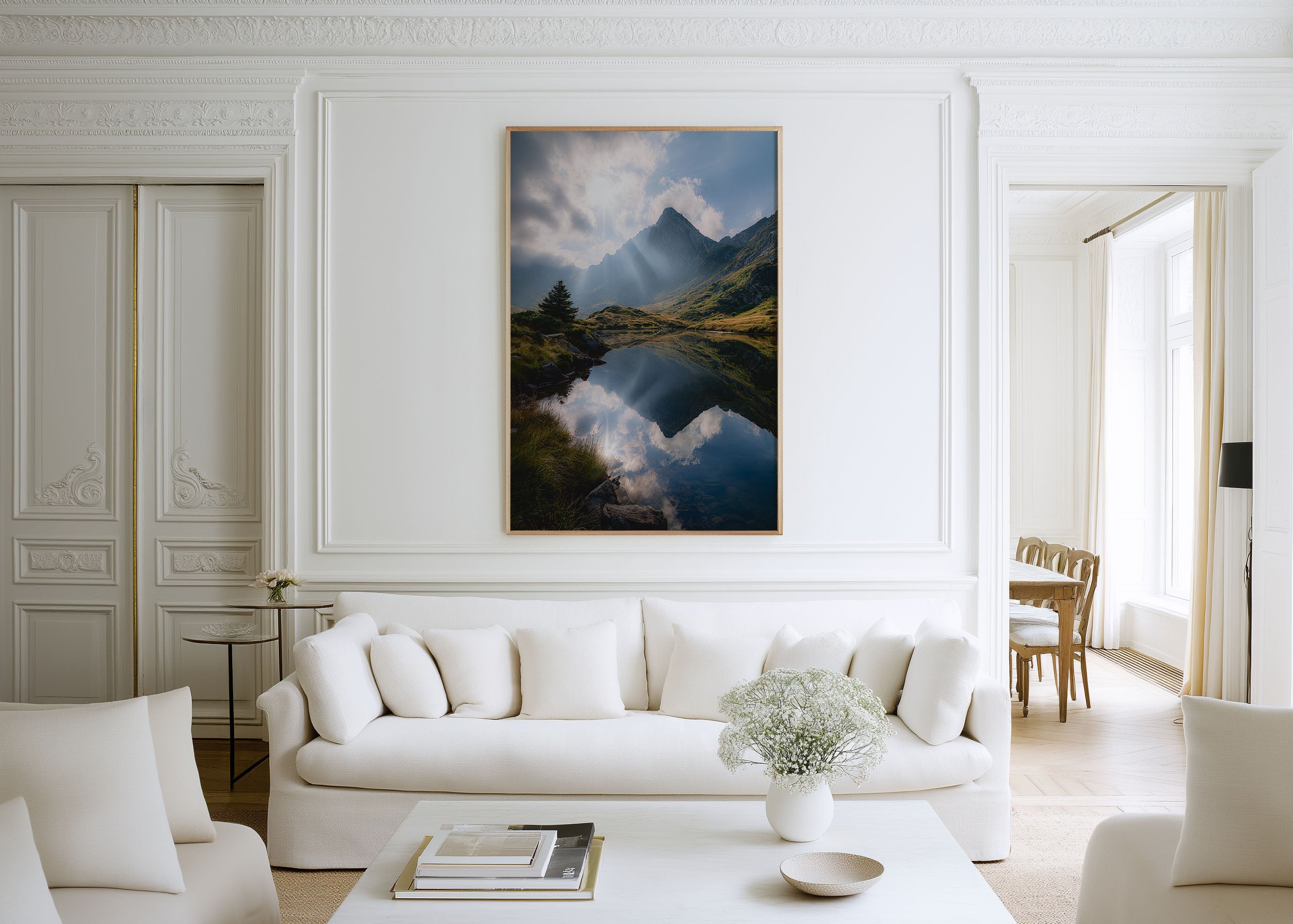 Austrian Alps Alpine Lake Reflection Print | Mountain Lake Wall Art | Alps Sun Ray Cloud Reflection Landscape Photography Poster