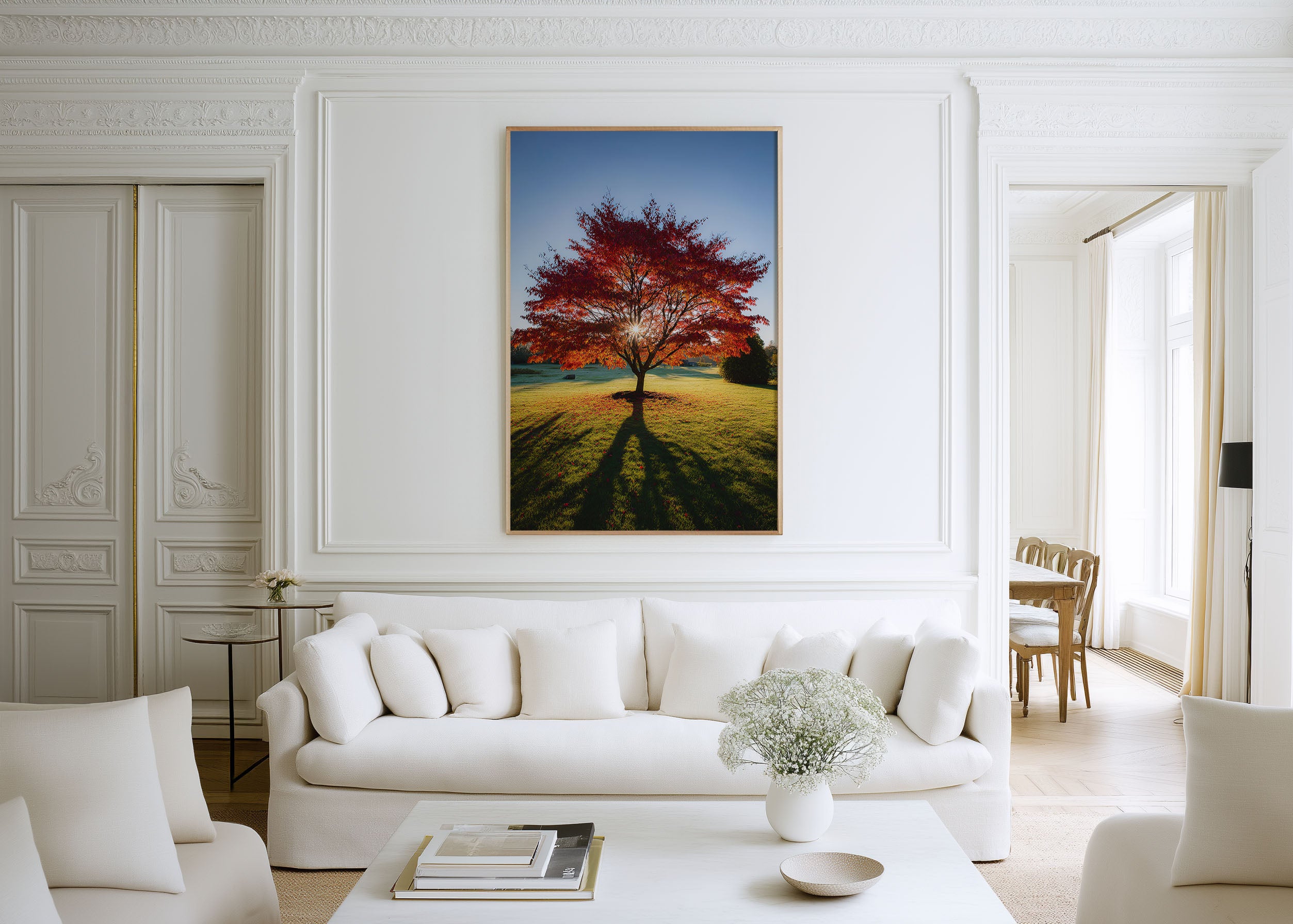 Red Autumn Tree Sunburst Wall Art Print | English Countryside Fall Foliage Photography | Lone Tree Morning Light Poster