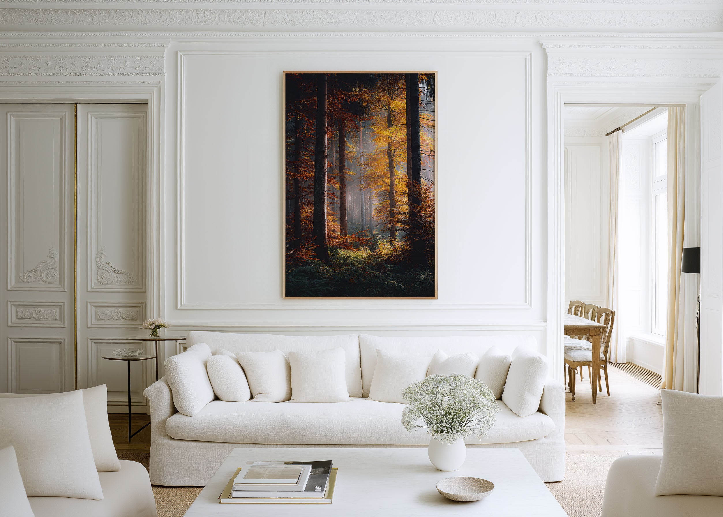 Autumn Forest Sunbeam Print | Golden Fall Woodland Wall Art | Misty Forest Light Photography
