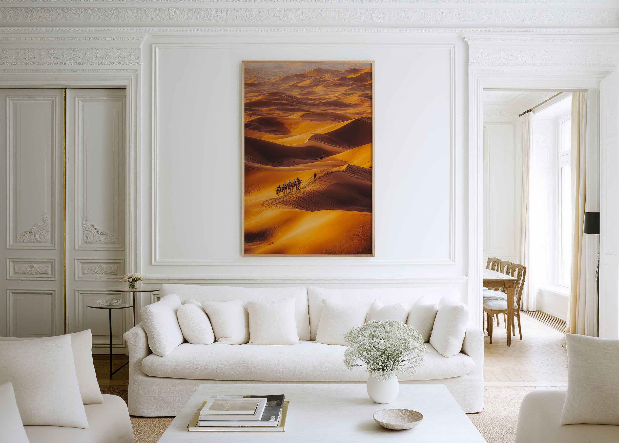 Sahara Desert Print | Camel Caravan Crossing Golden Dunes | Morocco Travel Wall Art | Desert Landscape Photography Poster