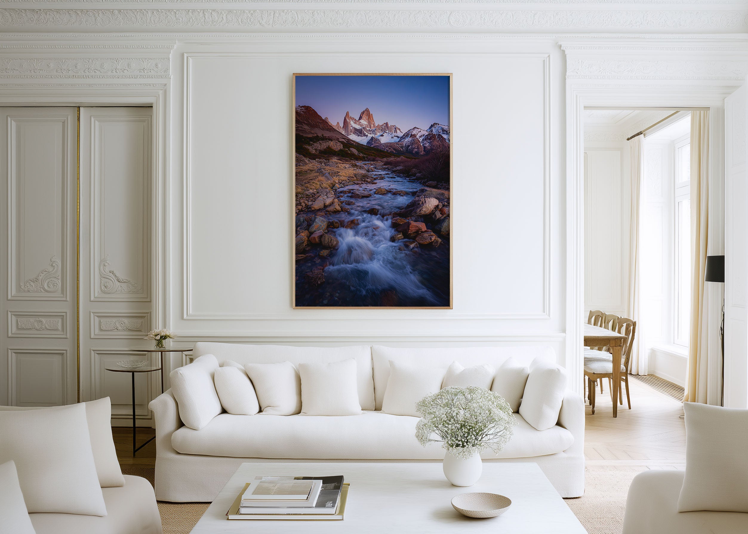 Mount Fitz Roy Glacial River Twilight Print | Patagonia Blue Hour Wall Art | El Chaltén Rocky Stream Landscape Photography Poster