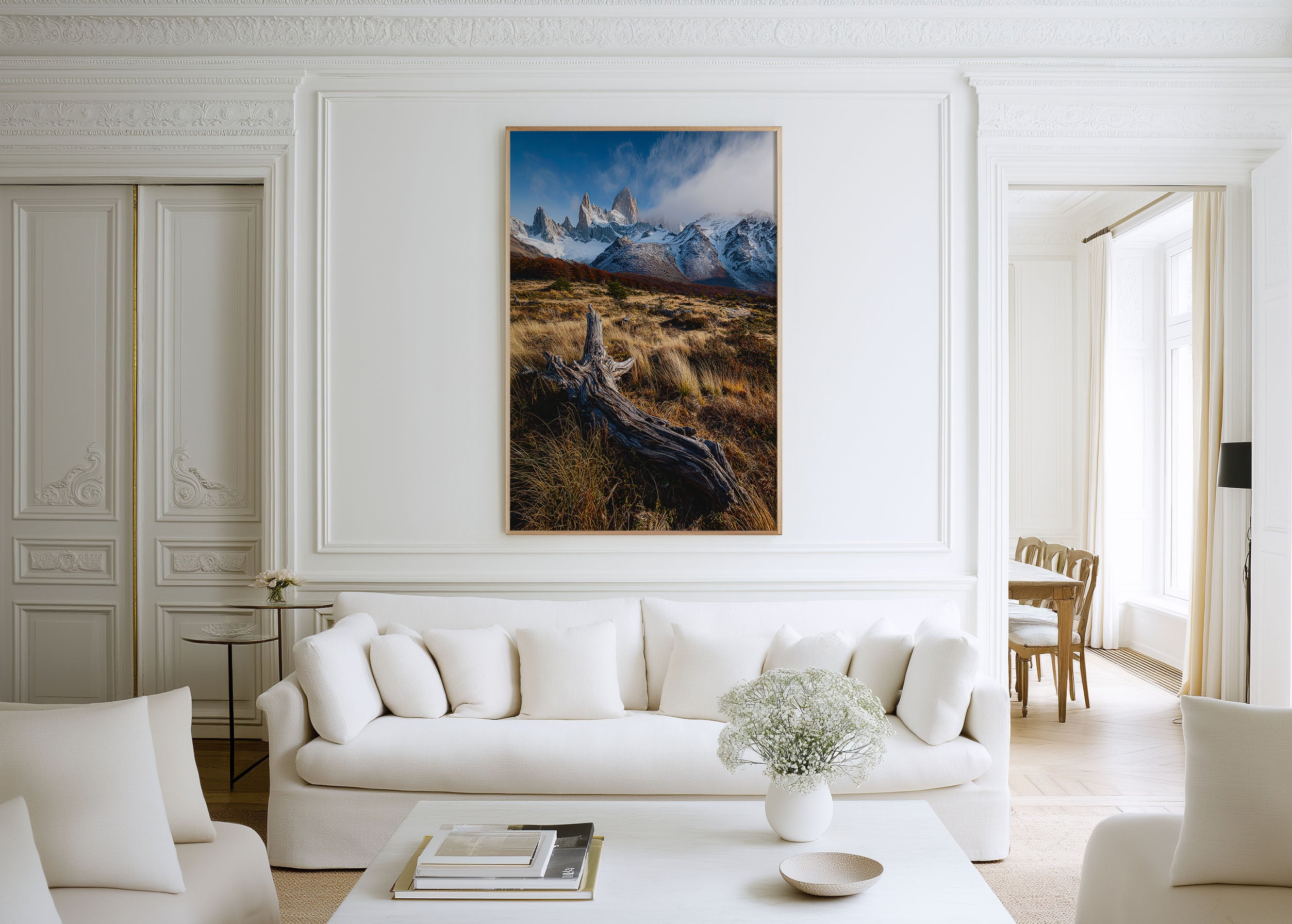 Mount Fitz Roy Autumn Driftwood Print | Patagonia Fall Landscape Wall Art | El Chaltén Golden Grasslands Photography Poster