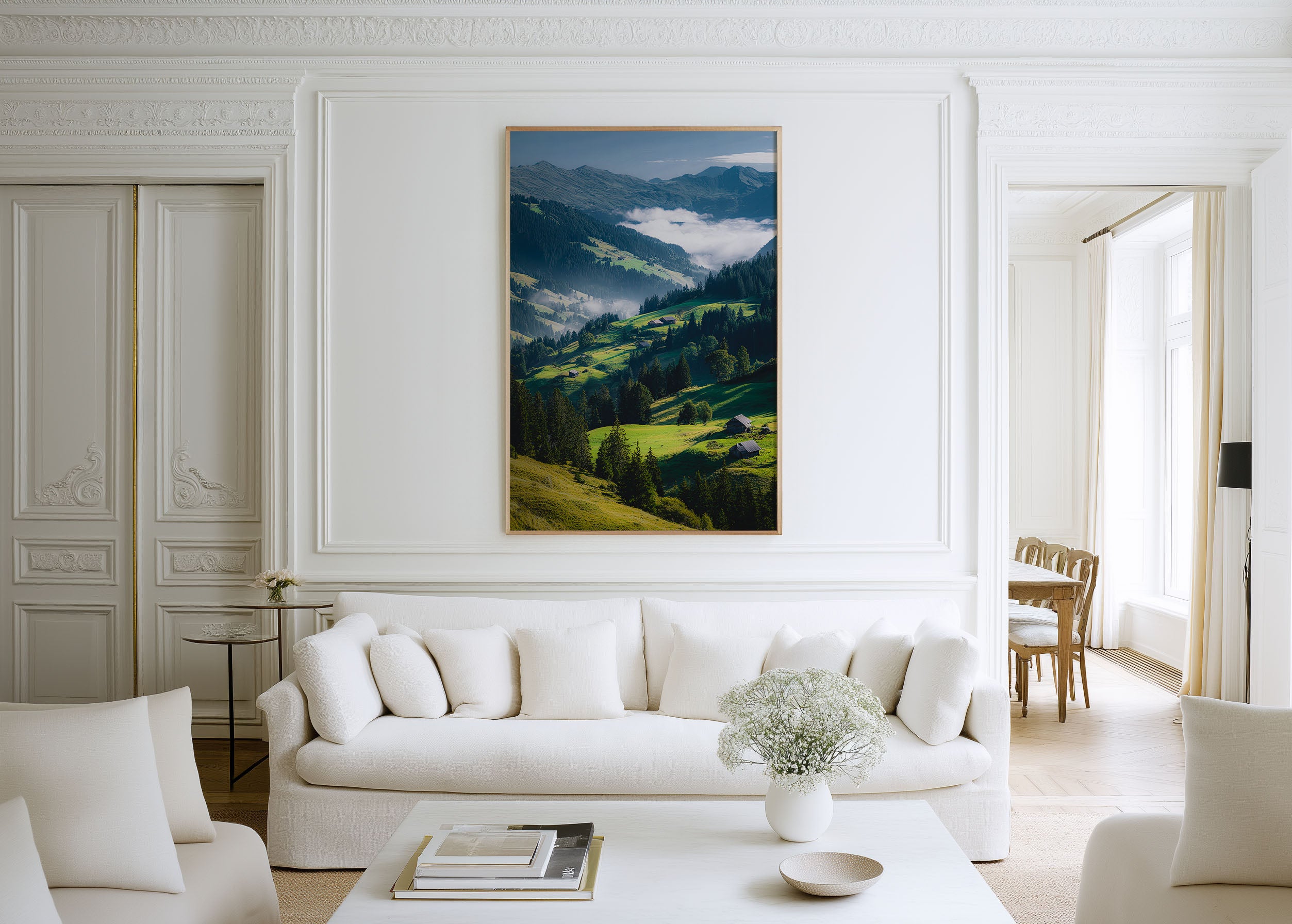 Swiss Alpine Valley Morning Wall Art Print | Austria Switzerland Green Meadow Photography | Alpine Chalet Mist Mountain Poster