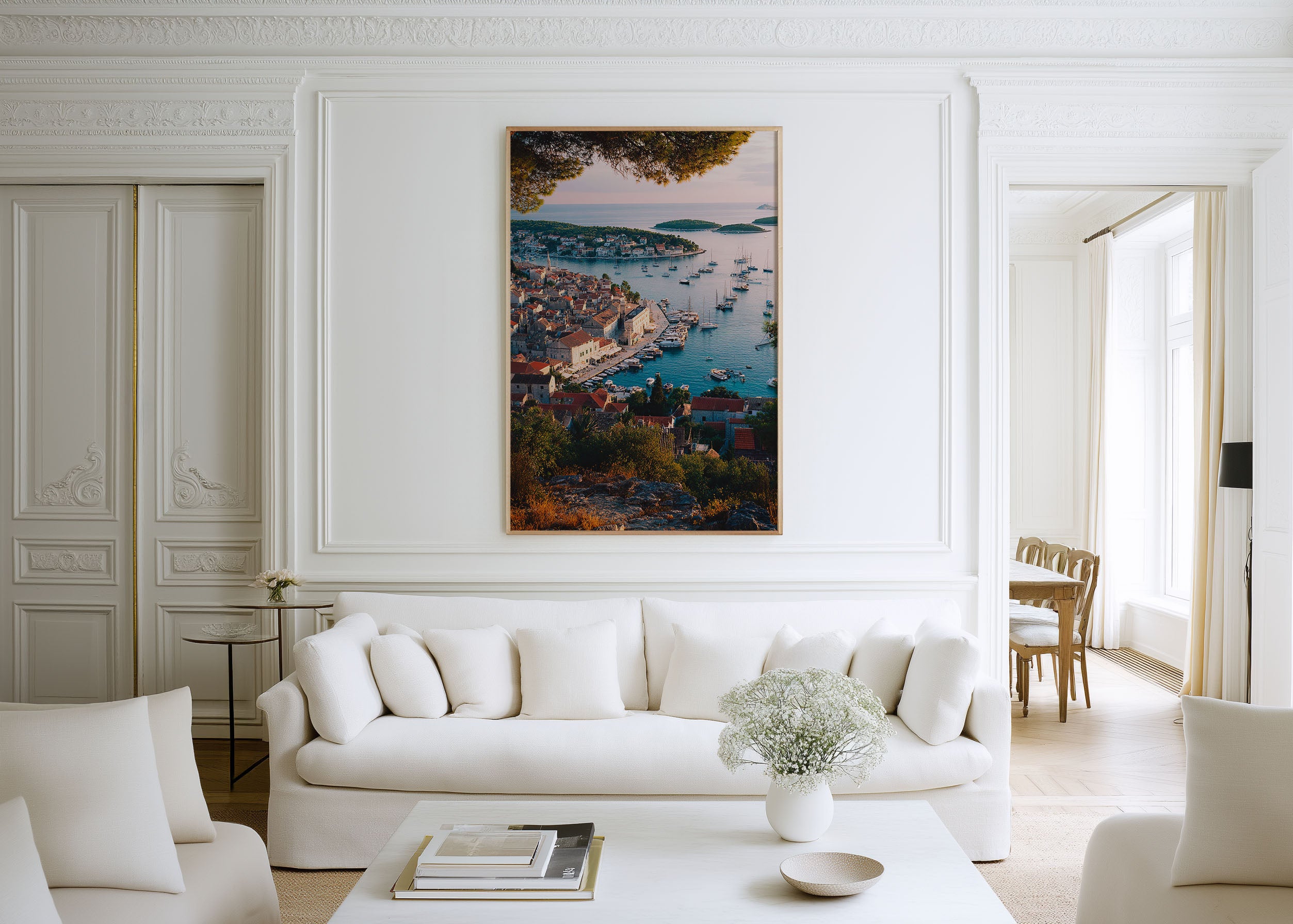 Hvar Town Sunset Wall Art Print | Croatia Adriatic Harbour Pine Tree Photography | Dalmatian Island Aerial Cityscape Poster | Mediterranean Travel Print | Warm Tones Home Decor