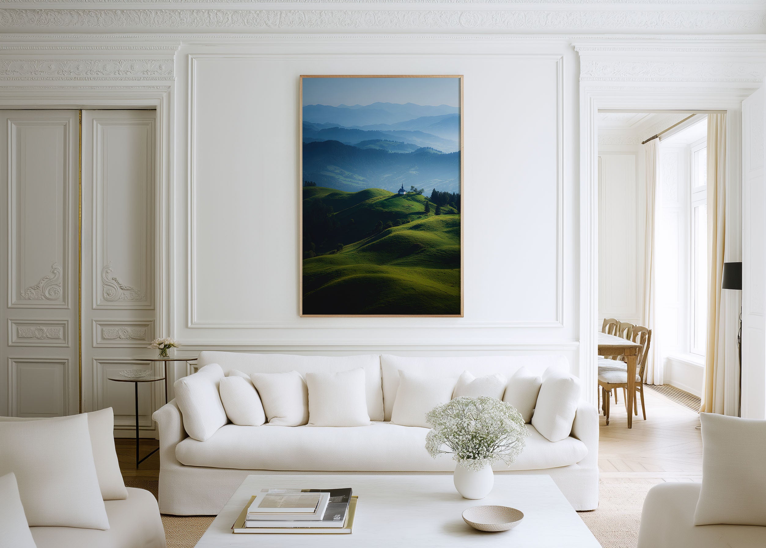 Slovenia Green Hills Chapel Print | Jamnik Church Rolling Hills Wall Art | Slovenian Alps Blue Haze Landscape Photography Poster