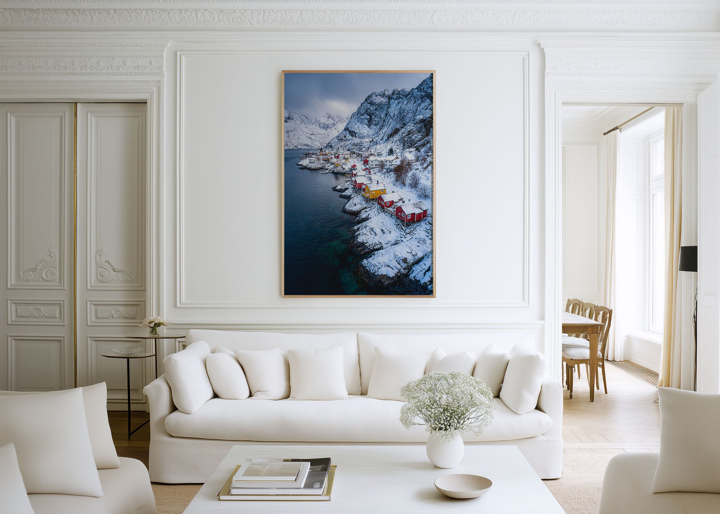 Nusfjord Lofoten Winter Aerial Wall Art Print | Norway Colourful Fishing Village Photography | Red Yellow Rorbuer Arctic Poster