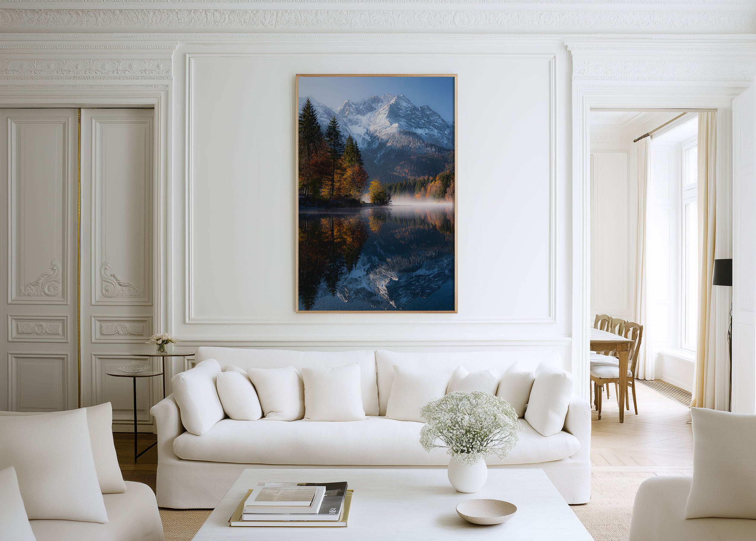 Bavarian Alps Autumn Lake Reflection Print | Lake Ferchensee Germany Wall Art | German Alps First Snow Autumn Mist Lake Landscape Photography Poster