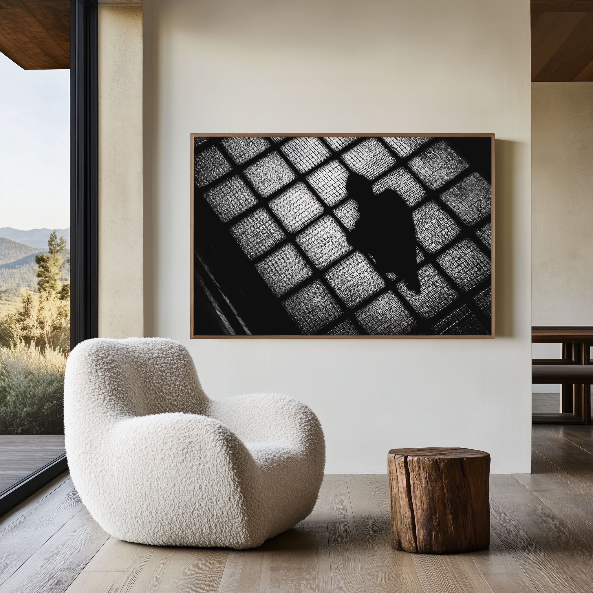 Overhead Figure Glass Pavement Print | Black and White Urban Street Wall Art | City Shadow Photography