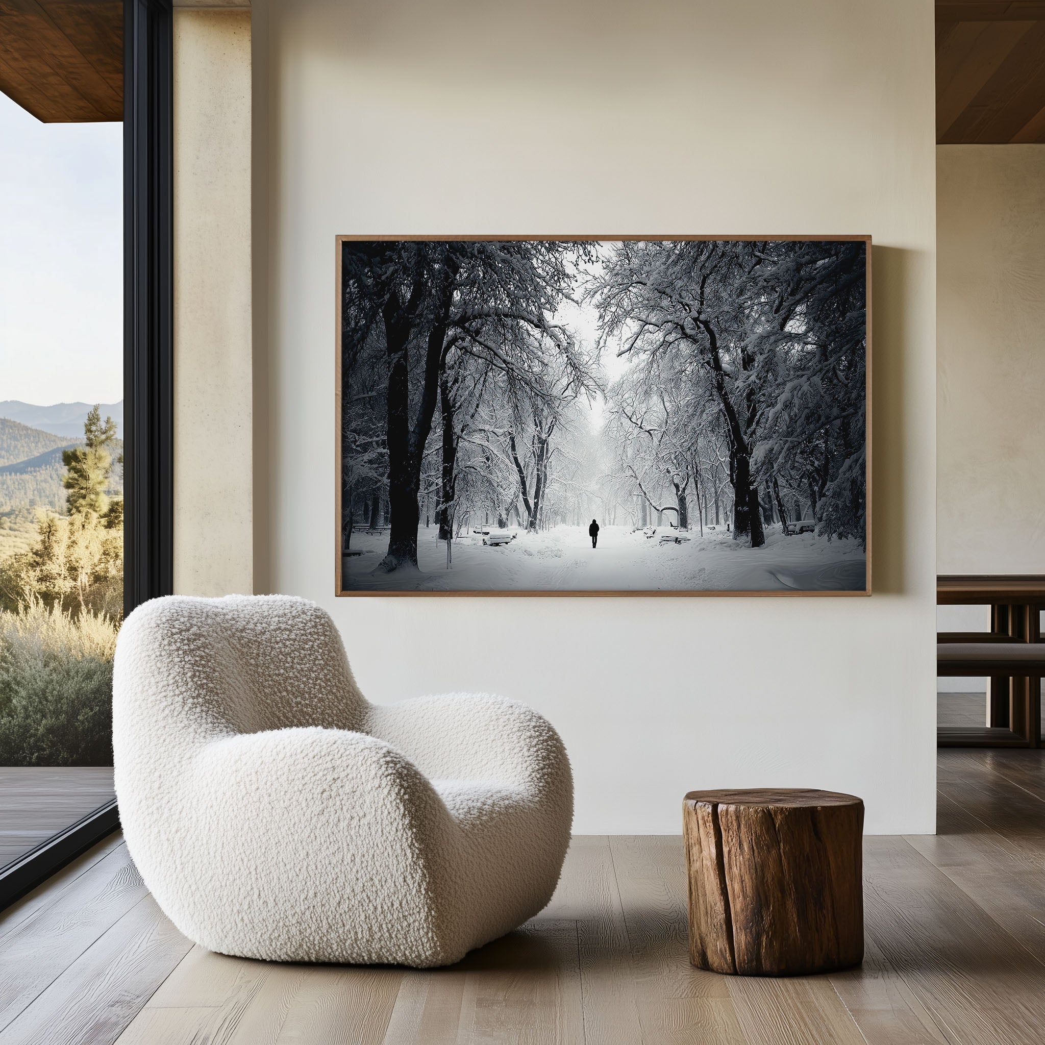 Lone Figure in Snow-Covered Winter Park | Black & White Fine Art Photography Print