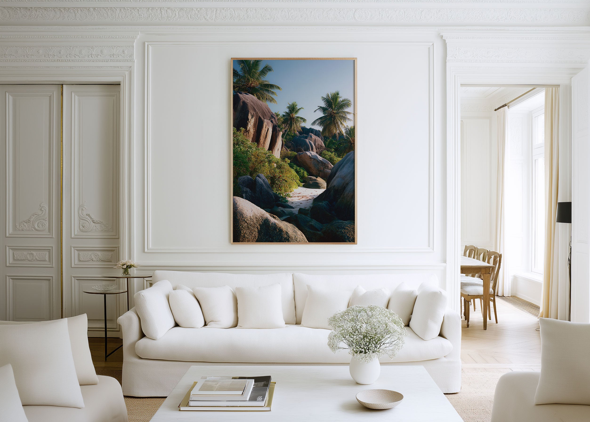Seychelles Granite Boulders Wall Art Print | La Digue Anse Source d'Argent Beach Palm Tree Photography | Indian Ocean Travel Poster | Tropical Coastal Home Decor