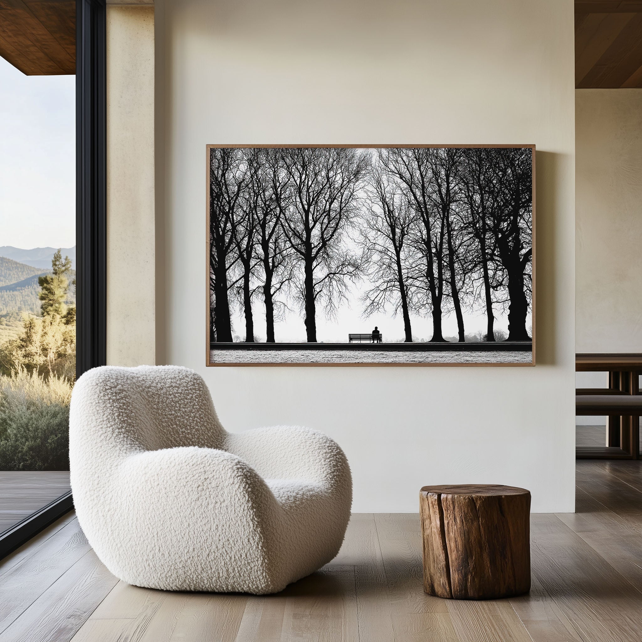 Solitary Figure on Park Bench Among Bare Winter Trees | Black & White Fine Art Print