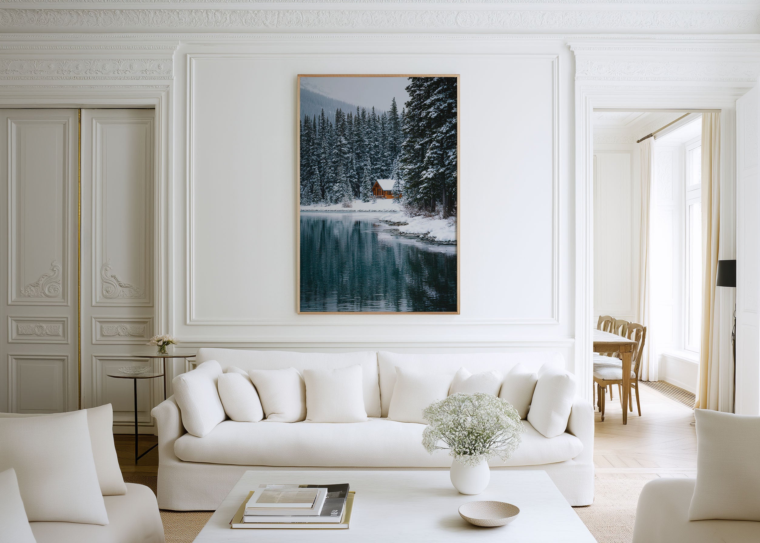 Winter Cabin Lakeside Print | Snow Forest Log Cabin Wall Art | Canadian Rockies Lake Photography