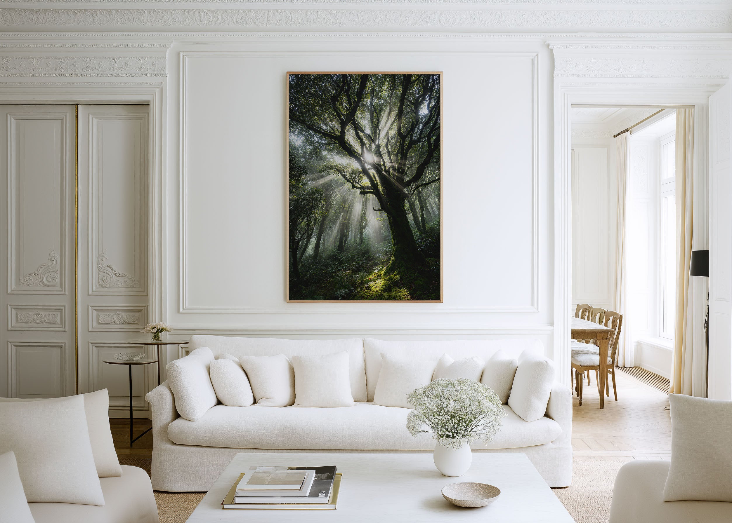 Enchanted Forest Sunbeam Print | Misty Woodland Light Wall Art | Ancient Tree Nature Photography