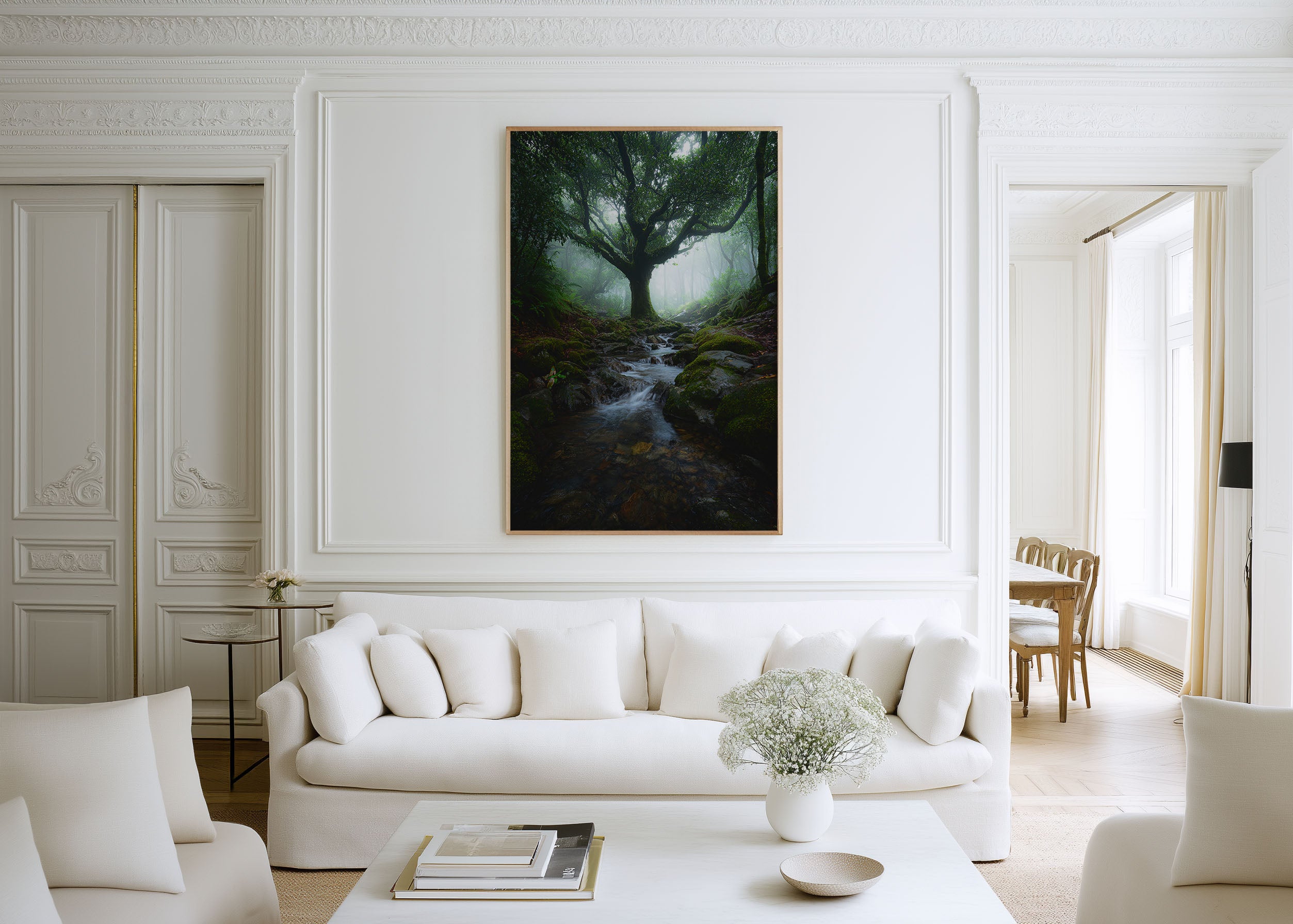 Enchanted Misty Forest Stream Print | Mystical Ancient Tree Wall Art | Tropical Rainforest Moss Rock Creek Landscape Photography Poster