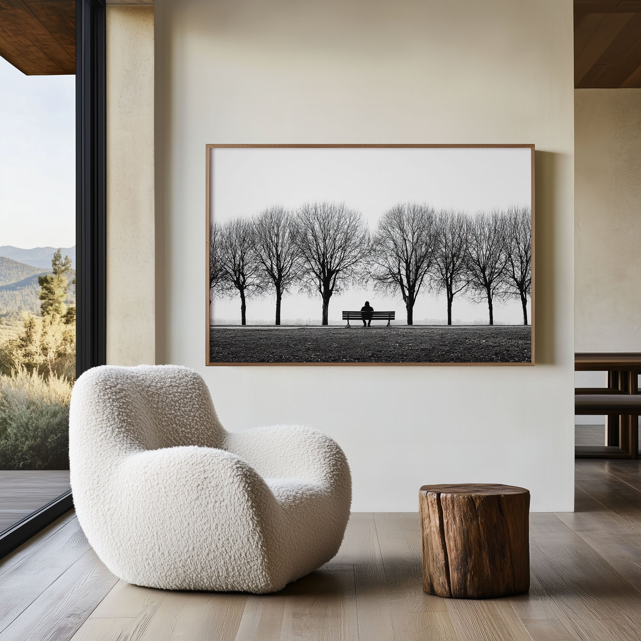 Lone Figure on Park Bench Between Bare Winter Trees | Minimalist Black & White Fine Art Print