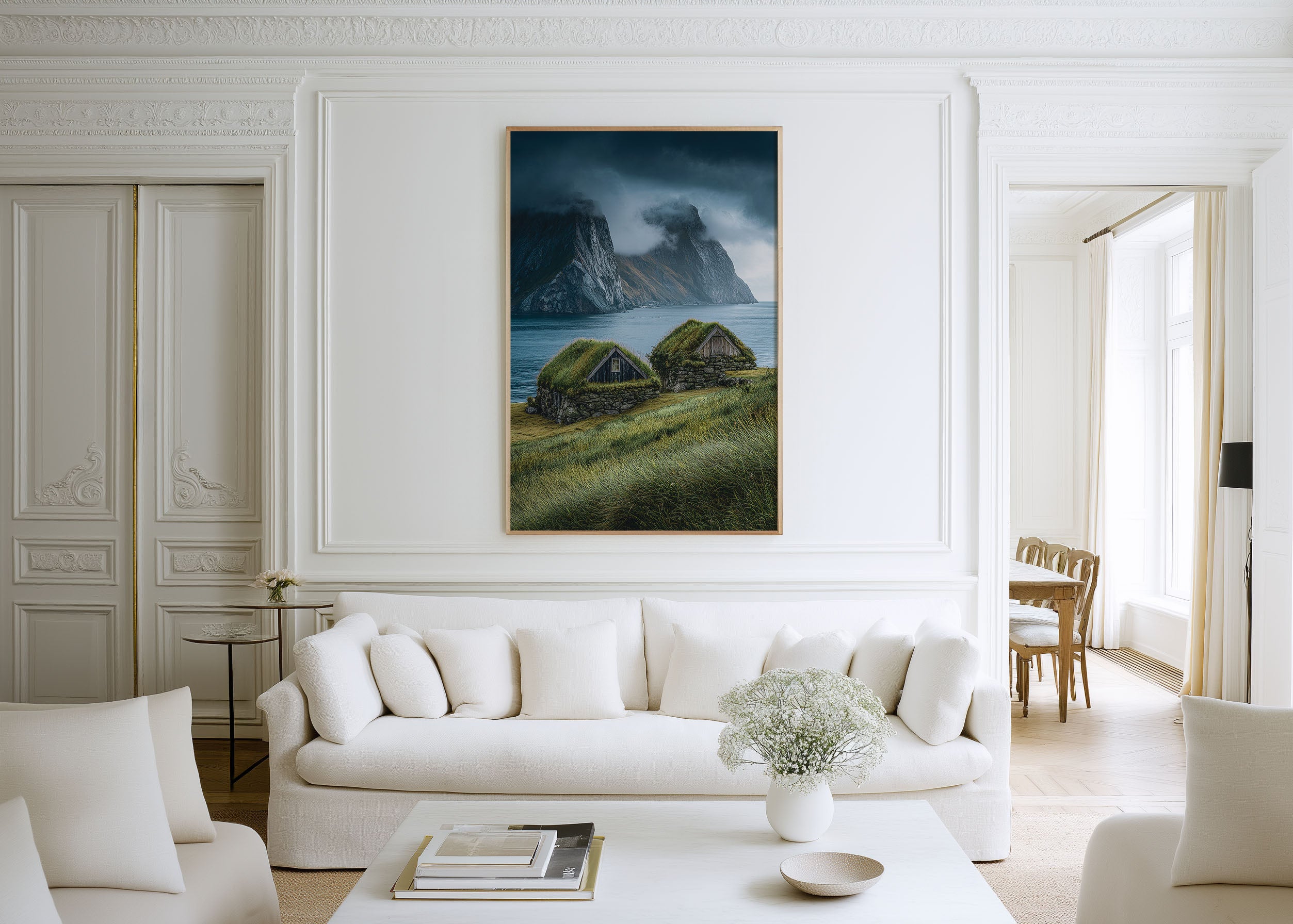 Nordic Turf Roof Cottages Print | Lofoten Islands Norway Wall Art | Moody Coastal Landscape Photography Poster