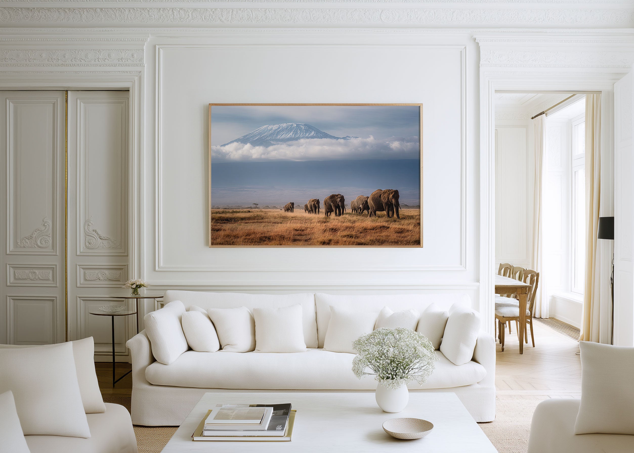African Elephant Herd Safari Wall Art Print – Kilimanjaro Landscape Canvas