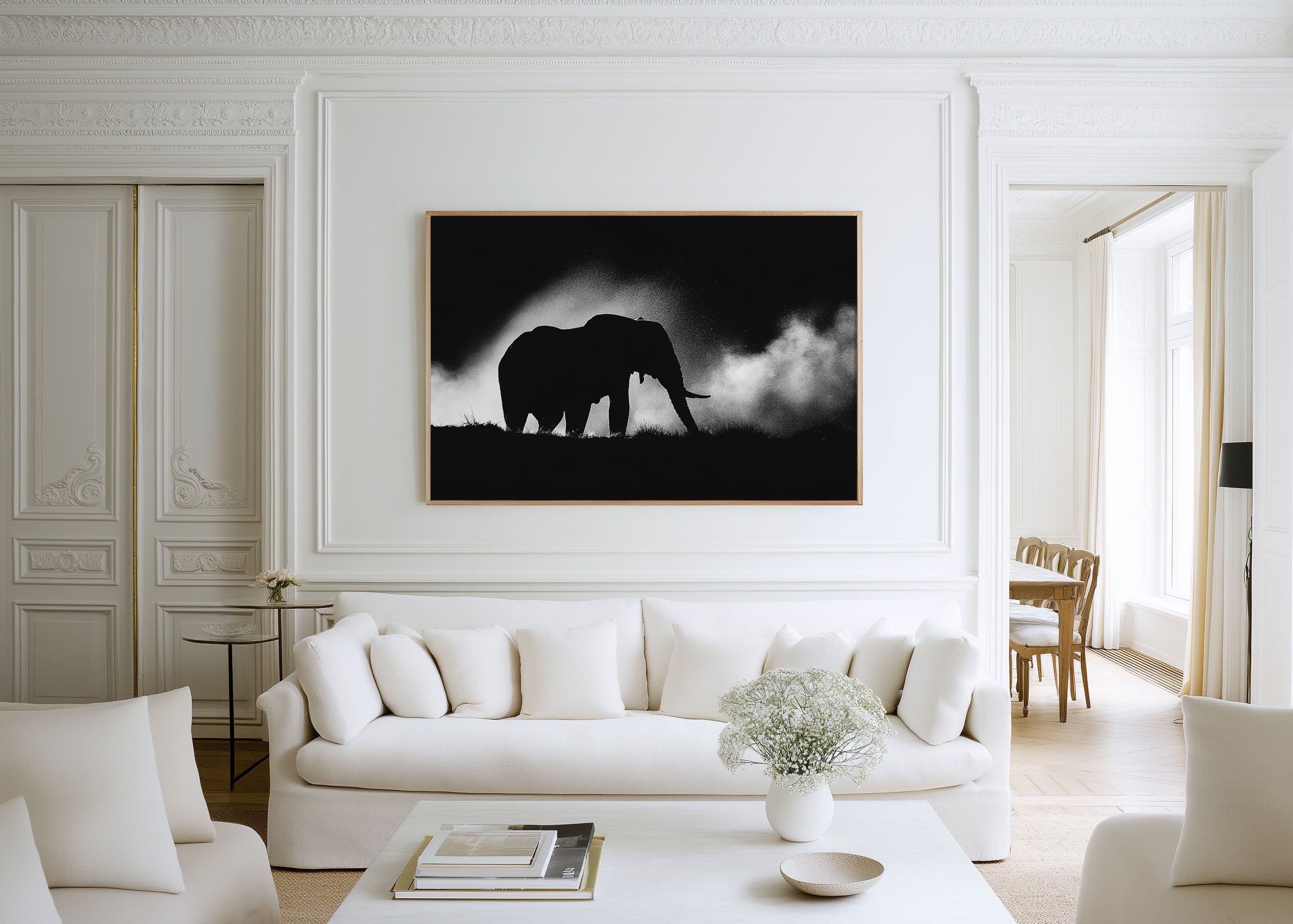 African Elephant Silhouette Print | Black and White Wildlife Wall Art | Safari Dust Photography