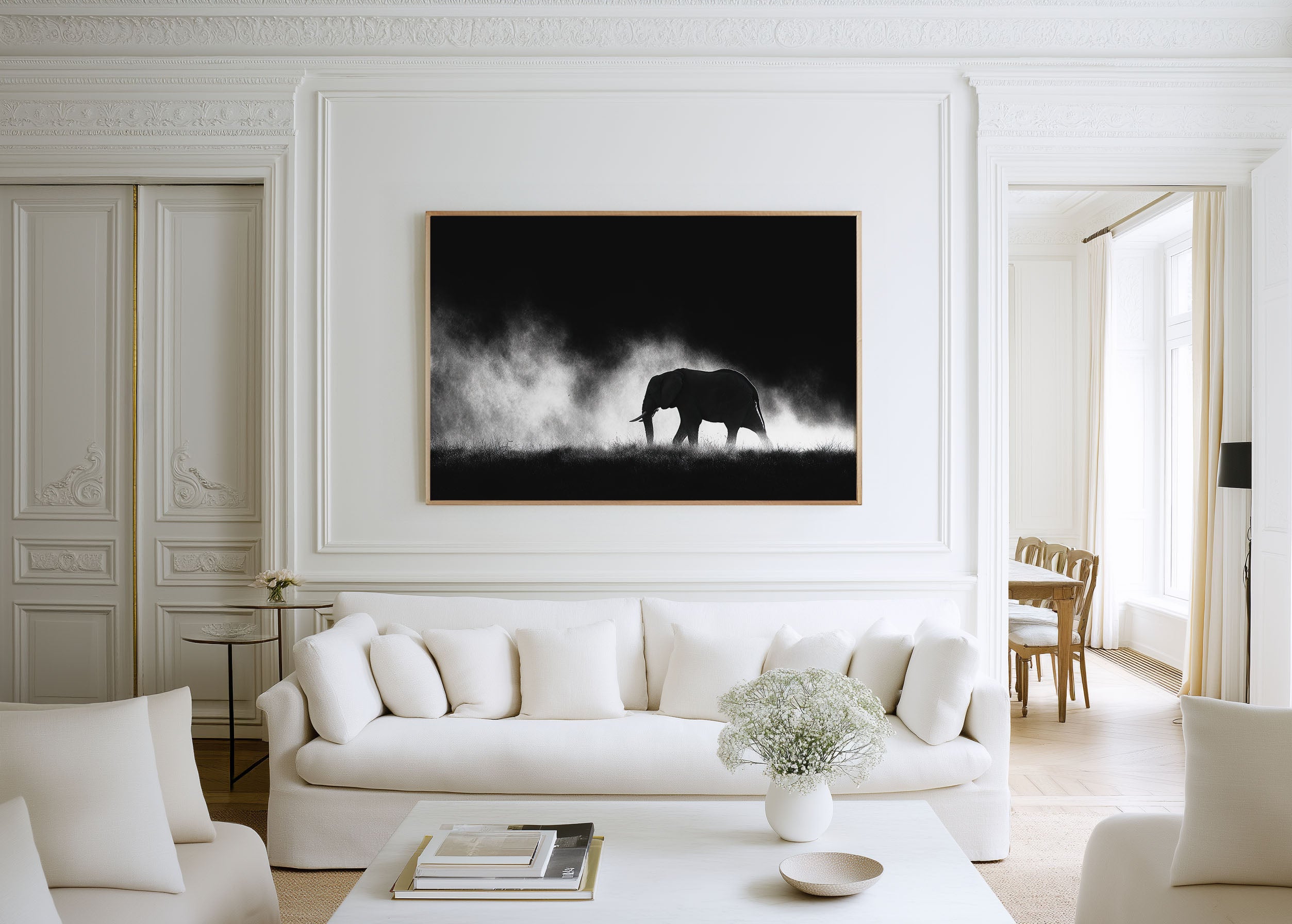 African Elephant Walking in Dust Print | Black and White Safari Wall Art | Wildlife Photography