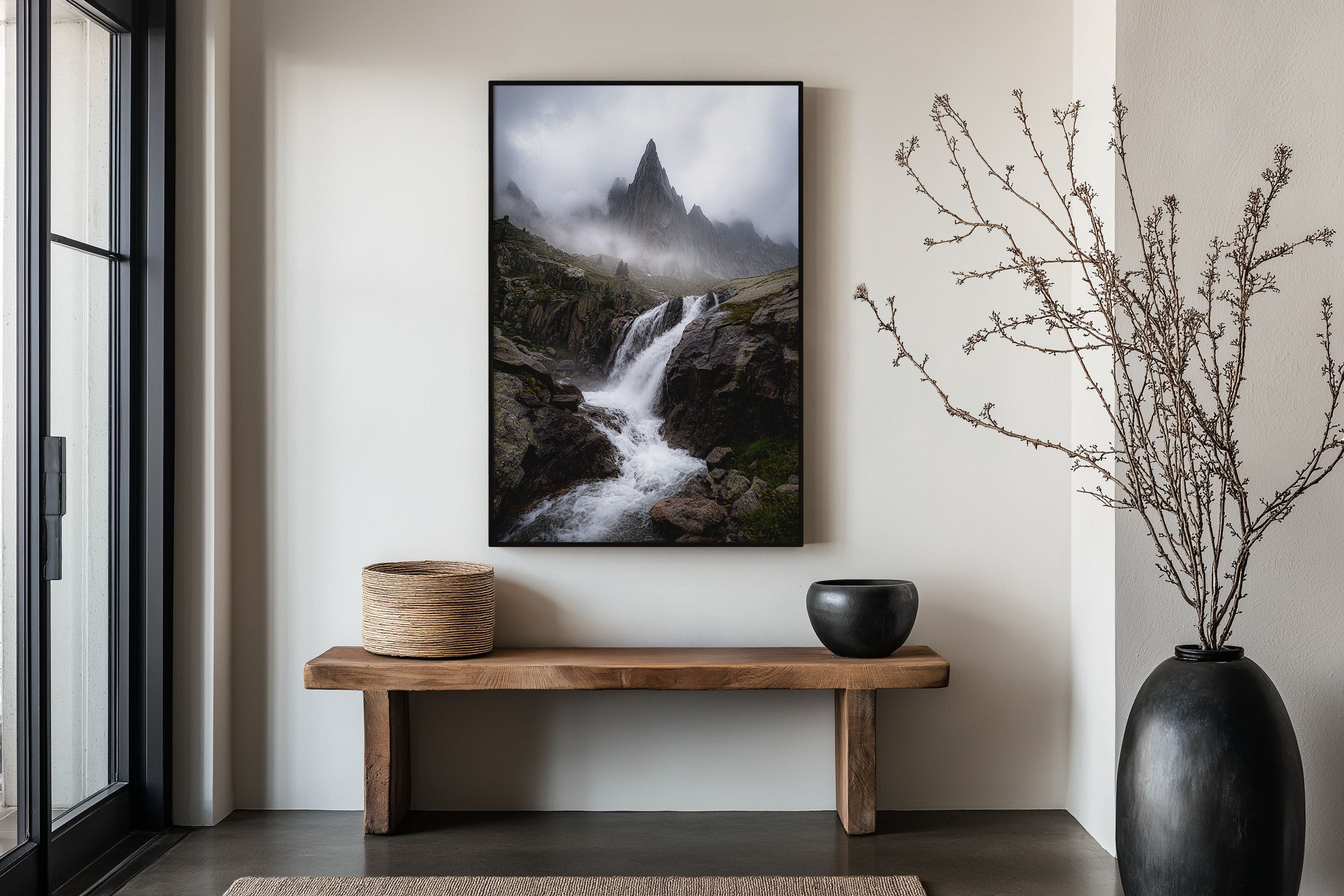 Aiguille de l'M Chamonix Waterfall Print | French Alps Moody Mountain Wall Art | Mont Blanc Massif Misty Peak Landscape Photography Poster