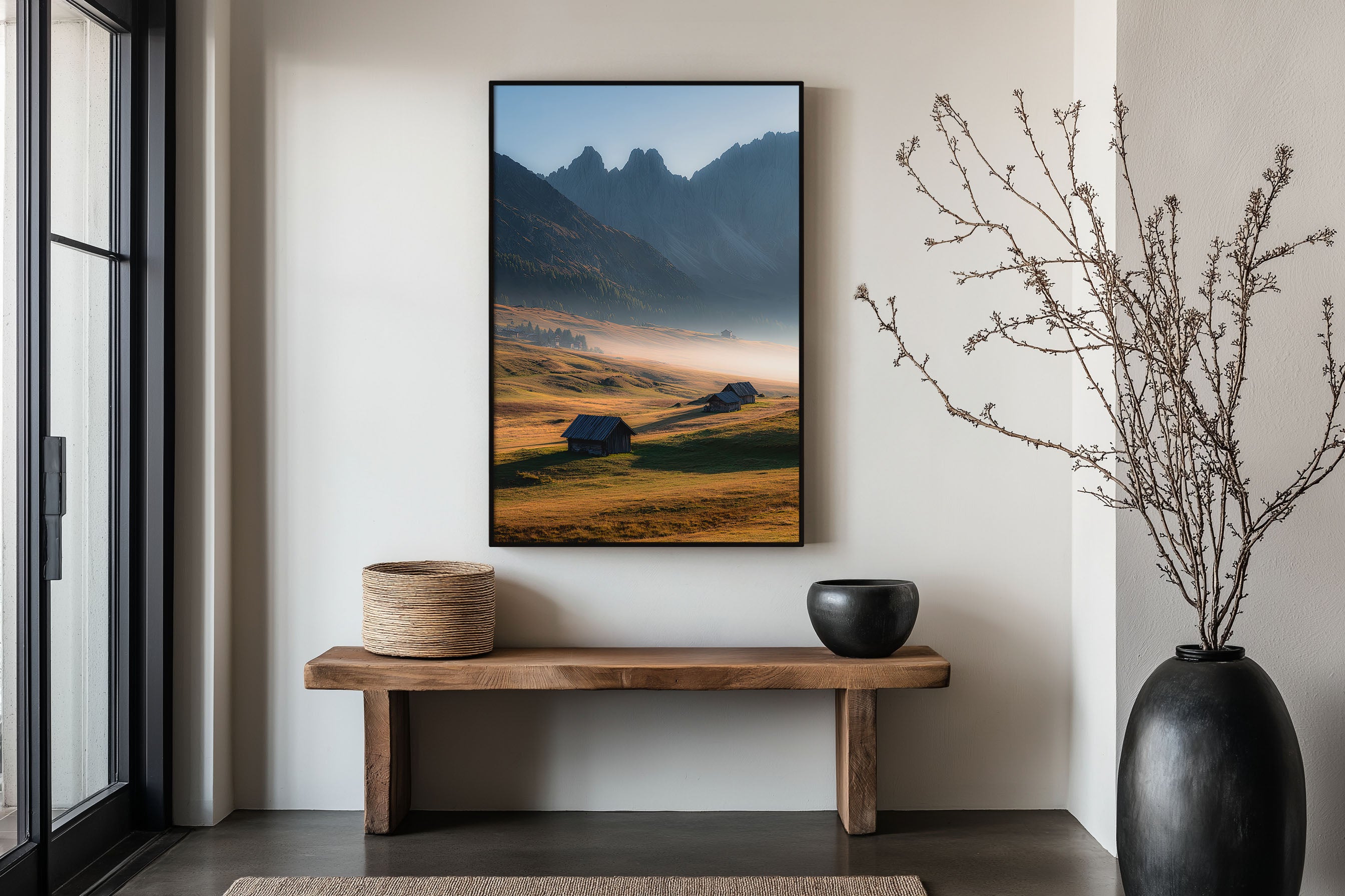Alpe di Siusi Dolomites Sunrise Hut Print | Seiser Alm Alpine Meadow Wall Art | Dolomites Morning Mist Alpine Hut Landscape Photography Poster