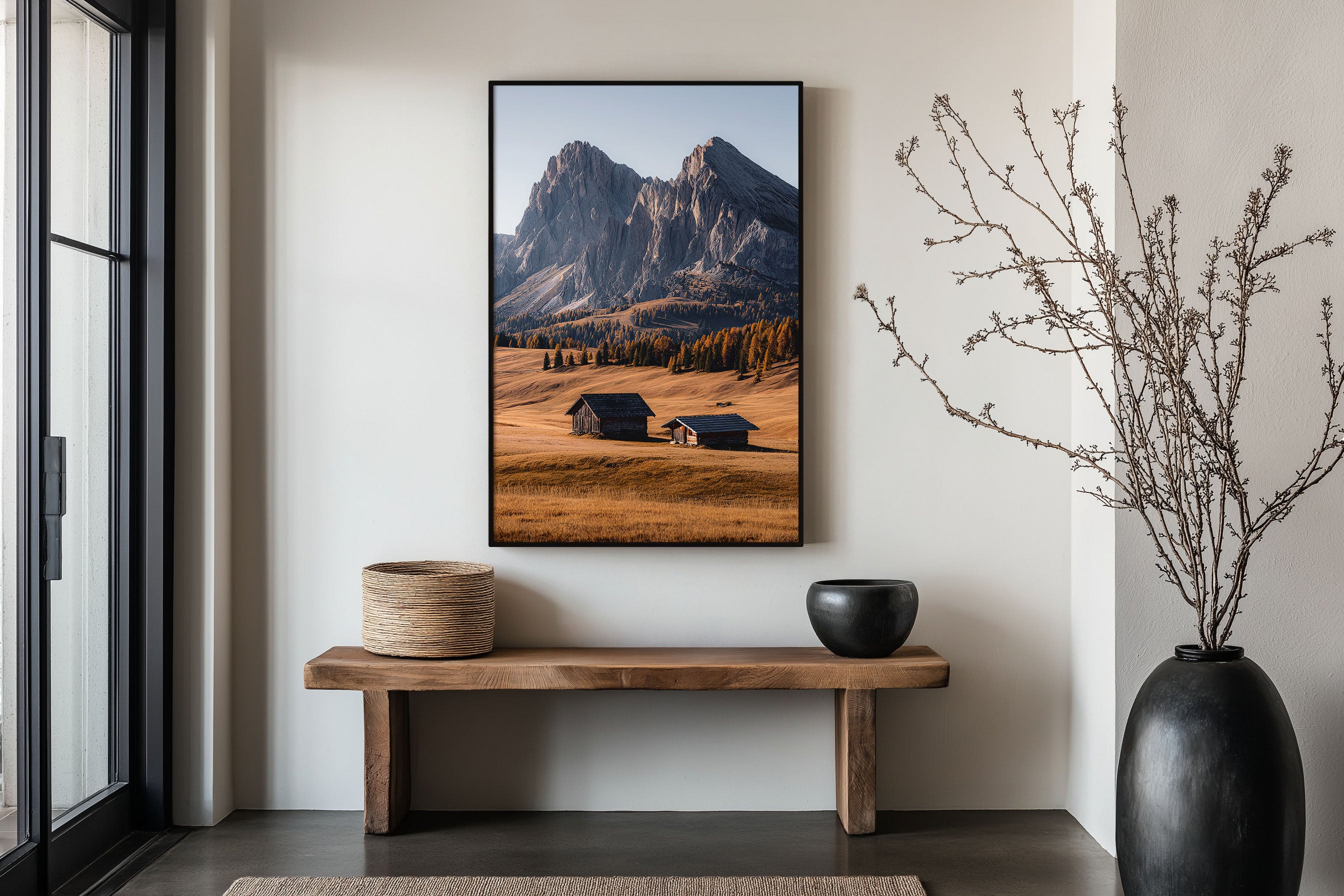 Alpe di Siusi Autumn Huts Print | Dolomites Golden Meadow Wall Art | South Tyrol Mountain Photography