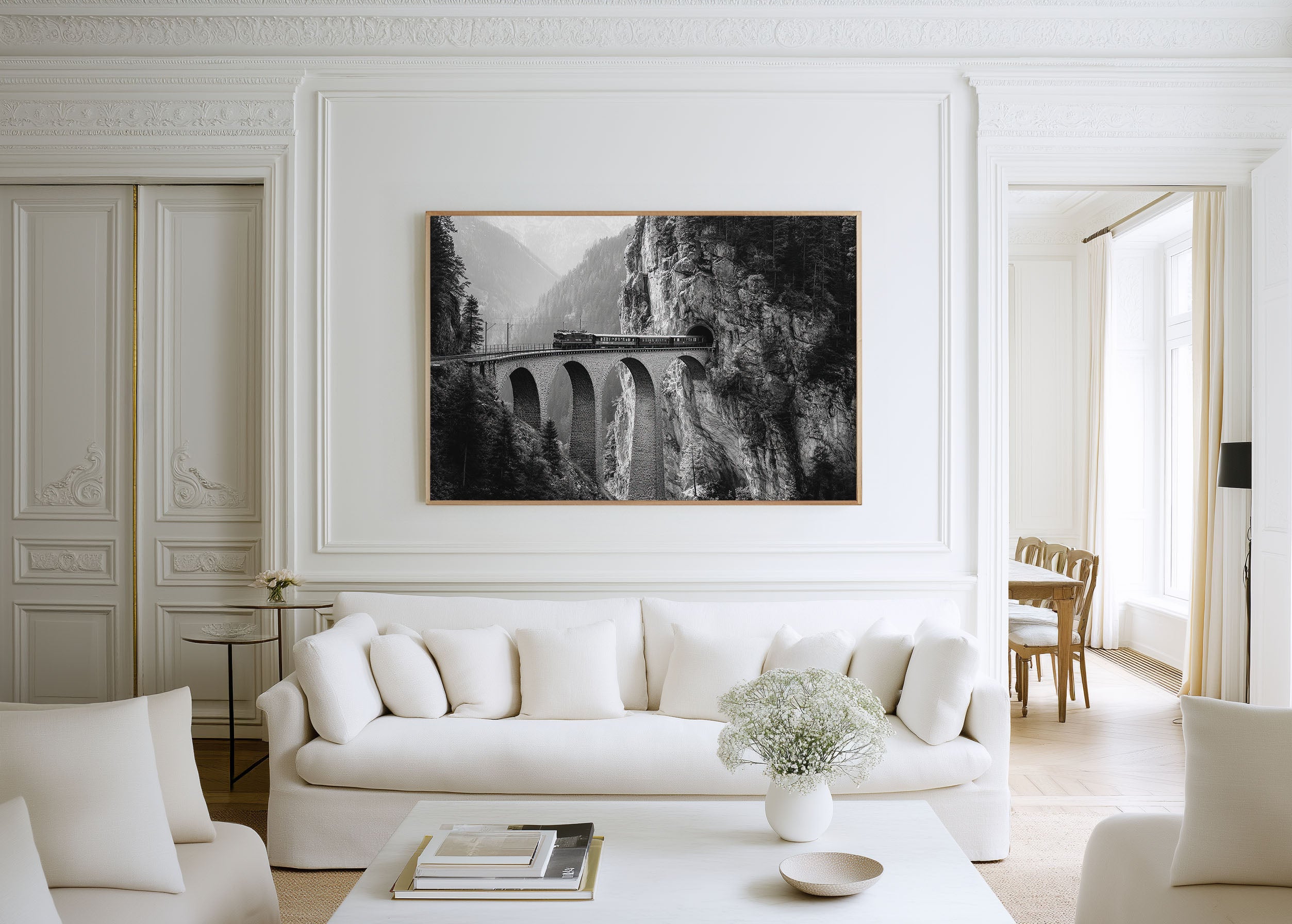 Alpine Train Viaduct Black and White Canvas Print