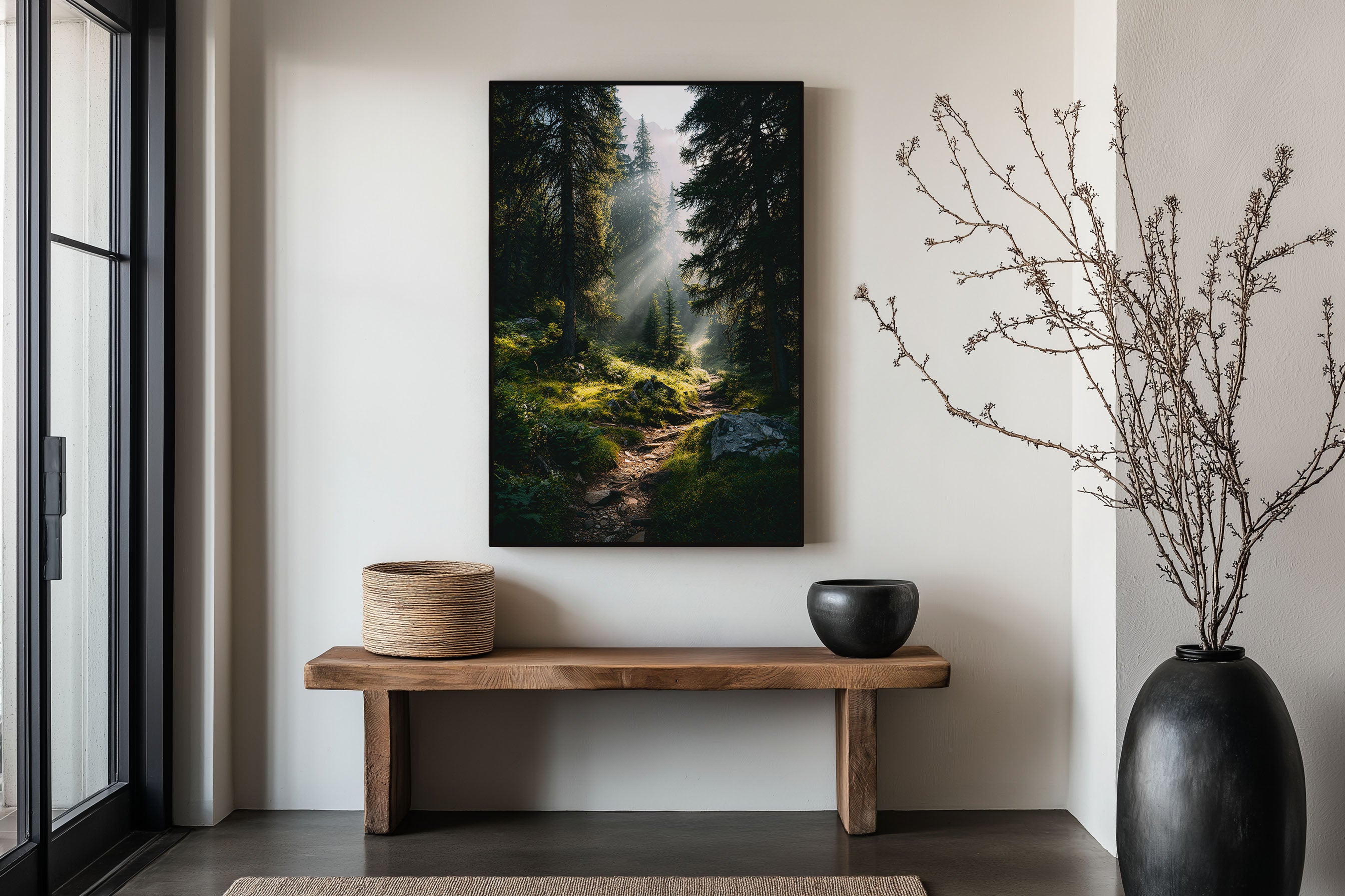 Alpine Forest Sun Rays Print | Misty Forest Path Wall Art | Mountain Forest Light Beam Landscape Photography Poster