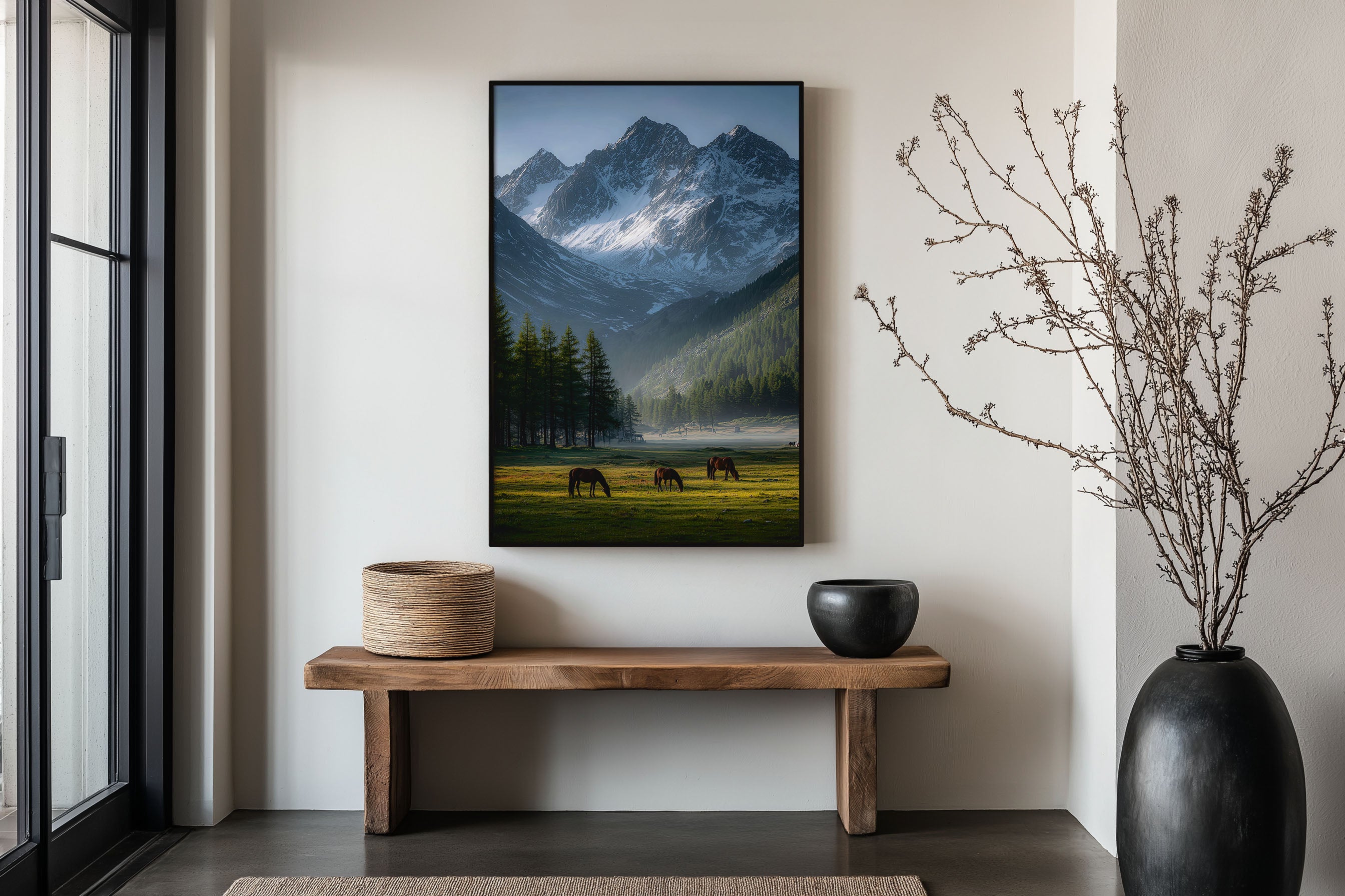 Alpine Valley Horses Print | Grazing Horses Mountain Wall Art | Snow Peak Meadow Photography