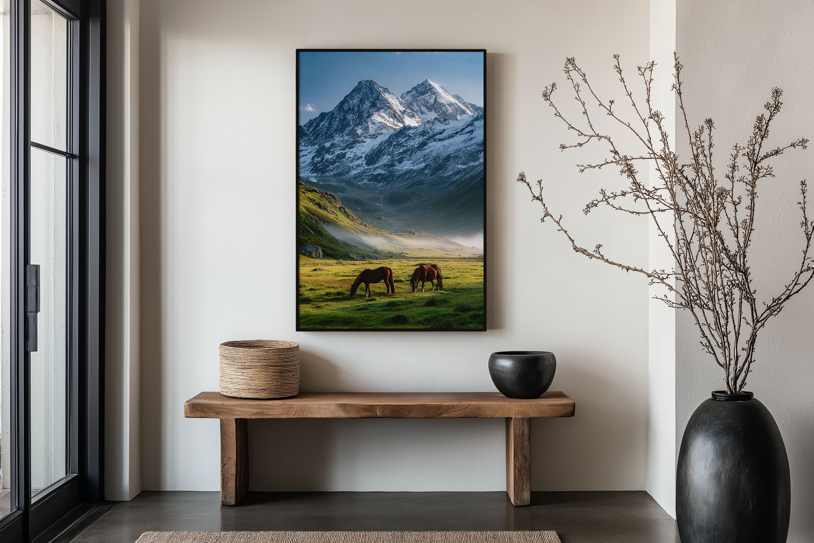 Two Horses Alpine Valley Print | Mountain Meadow Horse Wall Art | Snow Peak Landscape Photography