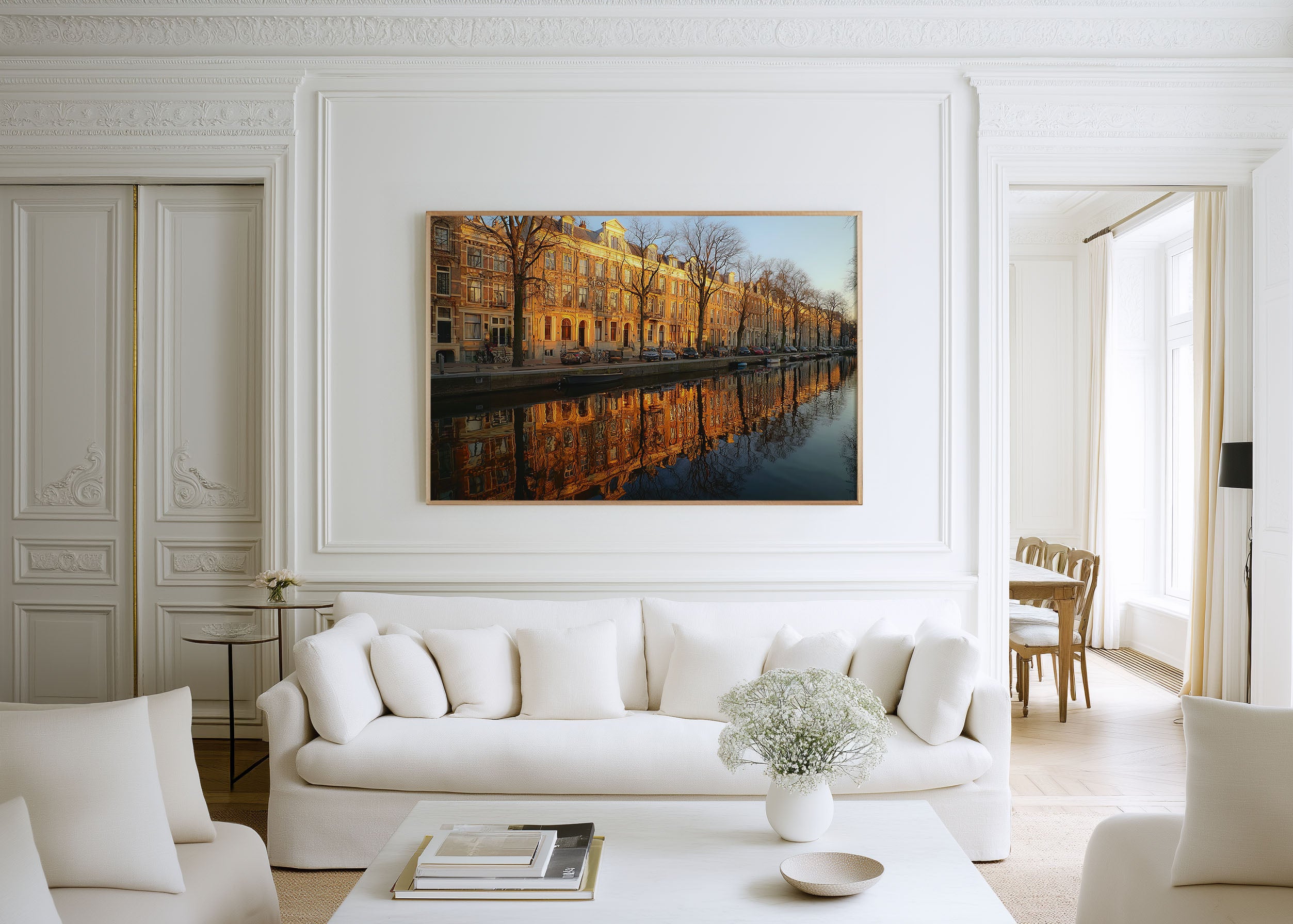 Amsterdam Canal Sunset Wall Art Print – Golden Reflection Cityscape Canvas