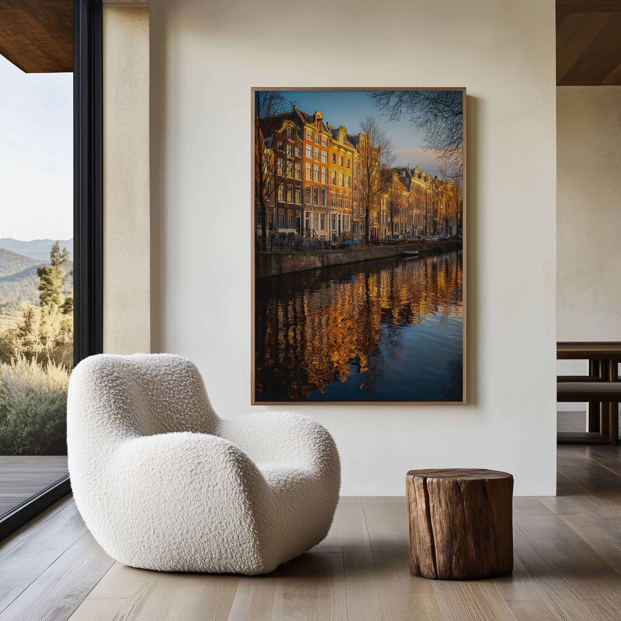 Amsterdam Golden Canal Wall Art – European City Reflection Canvas Print, Travel Landscape Decor