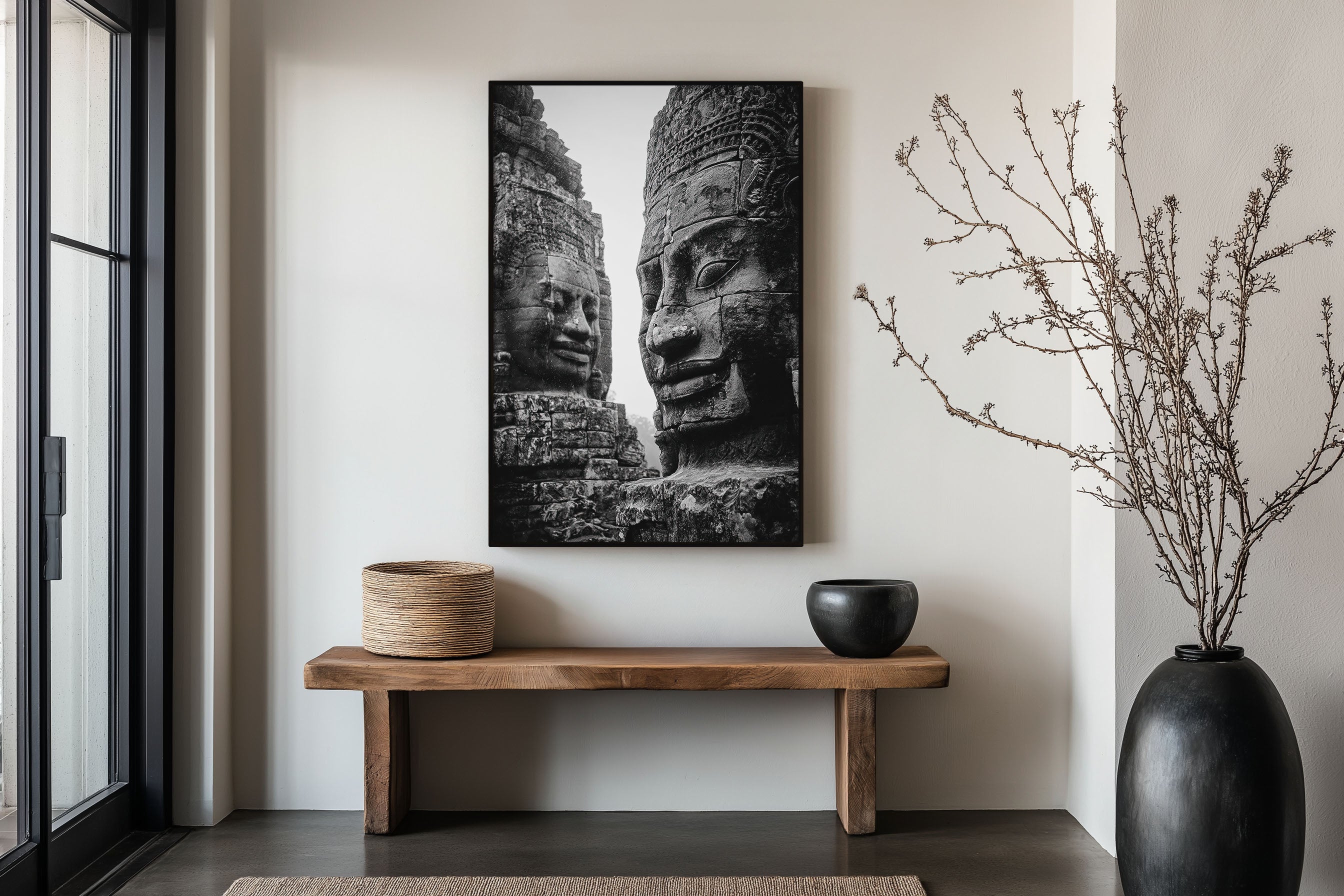 Angkor Thom Bayon Faces Wall Art Print | Cambodia Ancient Temple Stone Sculpture Black White Photography | Southeast Asia Travel Poster | Bold Spiritual Home Decor
