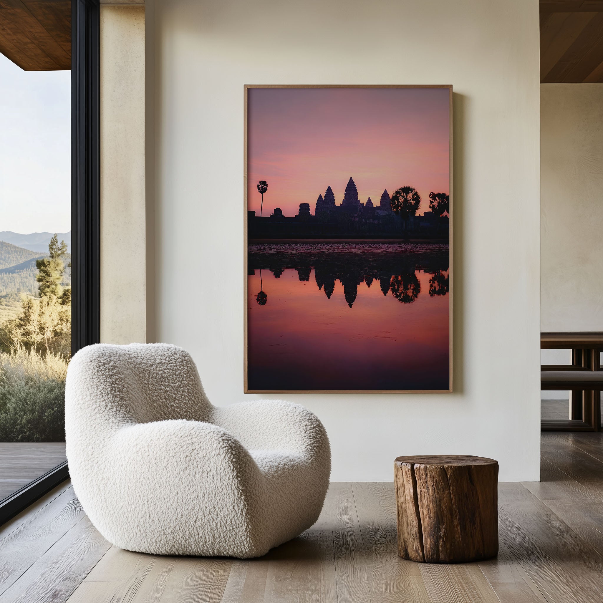 Angkor Wat Sunrise Wall Art – Cambodia Temple Reflection Canvas Print, Pink Sky Landscape Decor