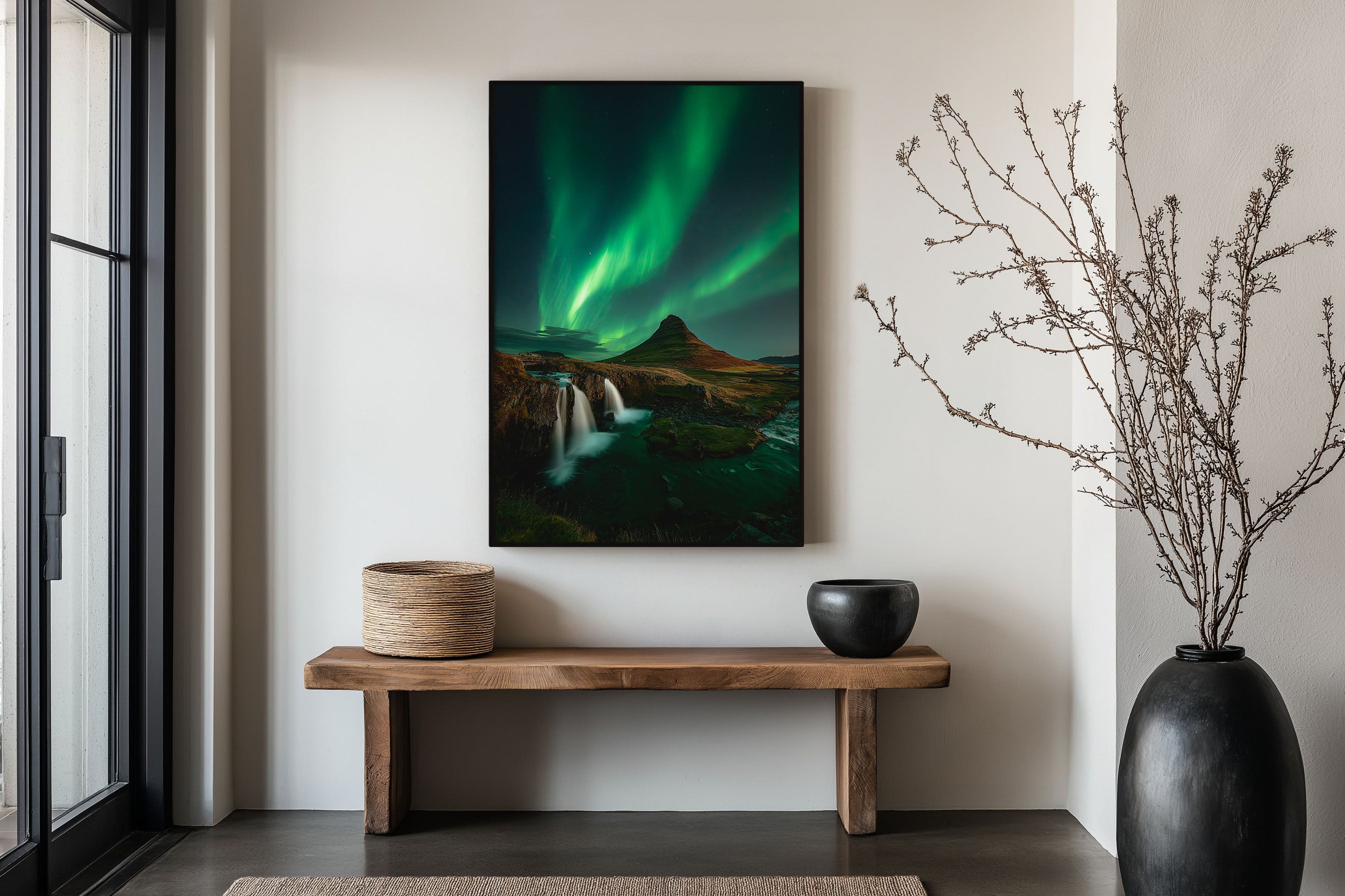 Kirkjufell Aurora Wide View Wall Art Print | Iceland Northern Lights Waterfall Photography | Green Night Sky Nordic Poster