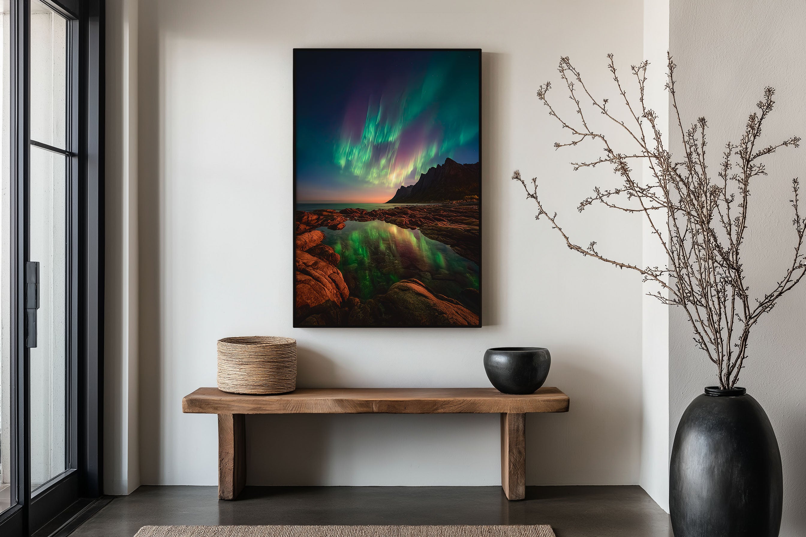 Aurora Borealis Norway Rocky Coastline Wall Art Print | Northern Lights Reflection Photography | Lofoten Night Sky Poster