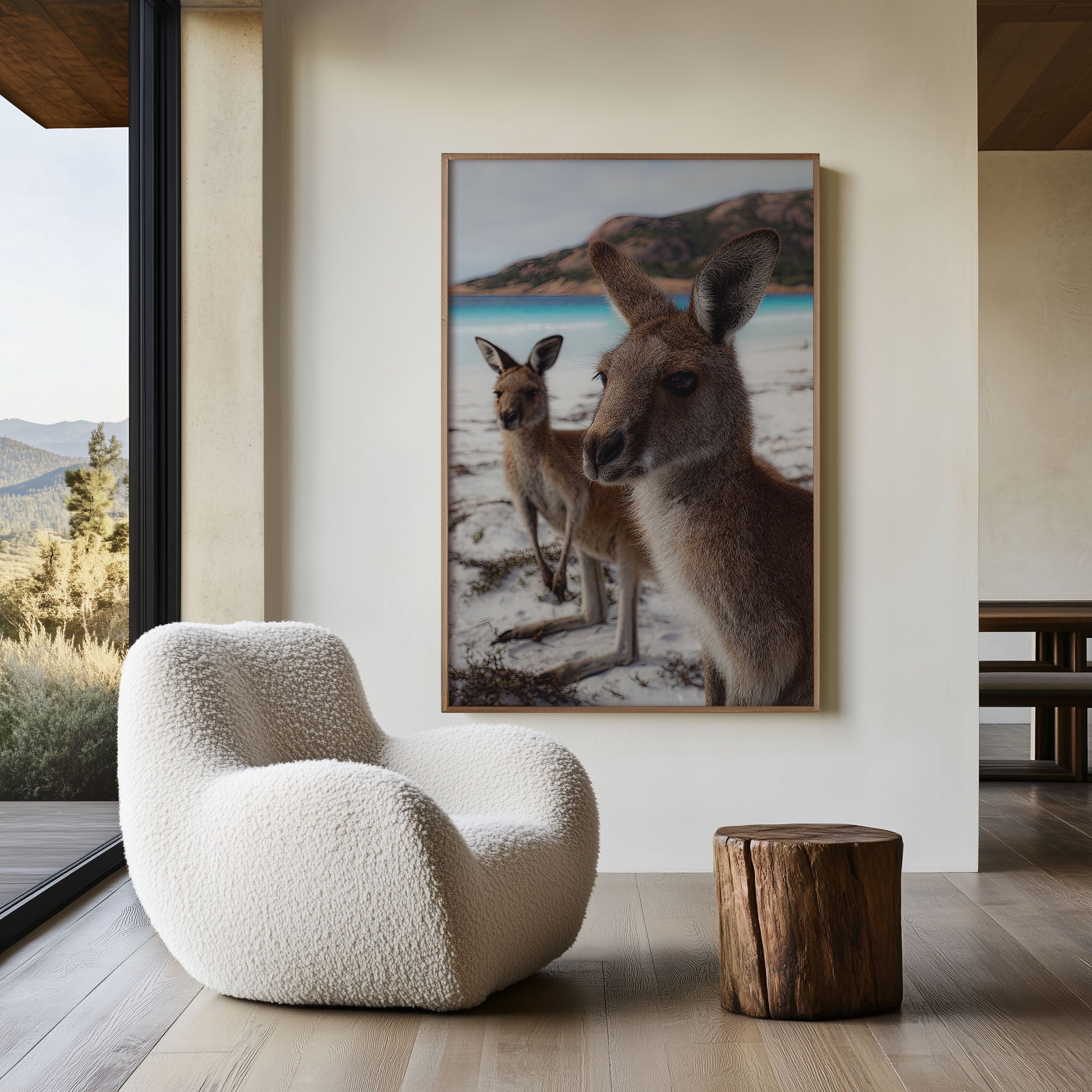 Australian Kangaroo Beach Wall Art Print – Coastal Wildlife Canvas & Framed Art, Ocean Landscape Decor