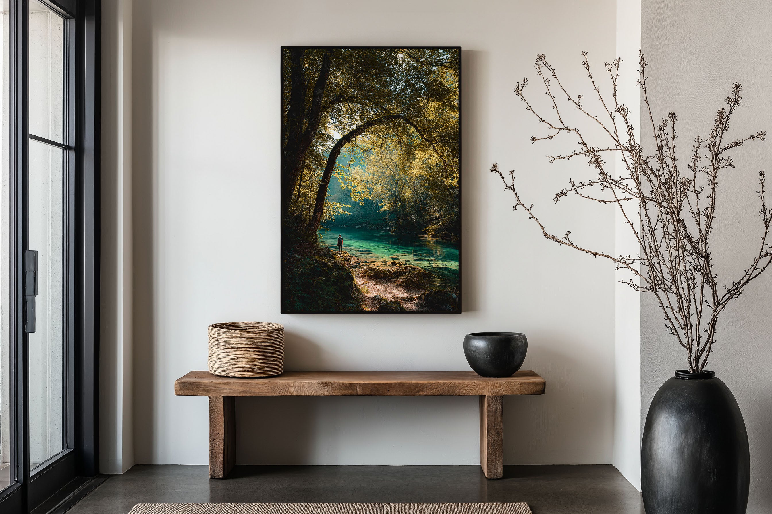 Enchanted Forest River Wall Art Print | Turquoise Alpine Stream Autumn Photography | Solo Hiker Nature Landscape Poster