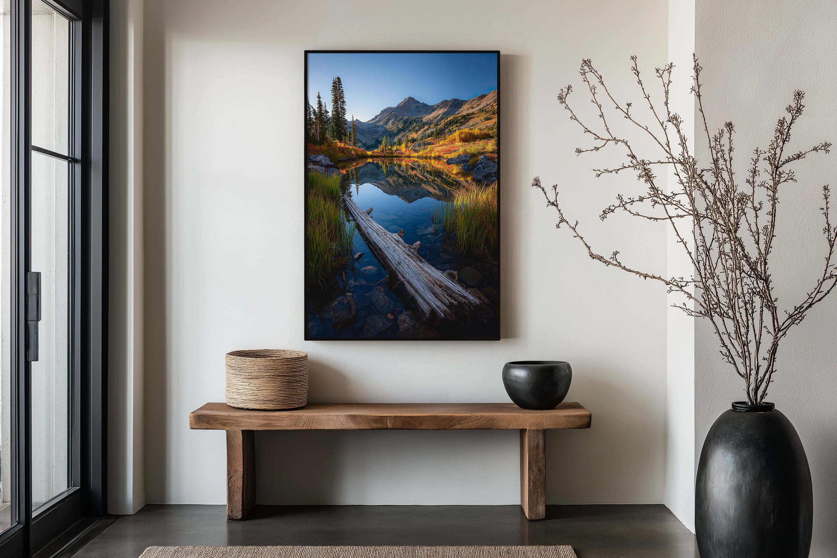 Autumn Alpine Pond Log Reflection Wall Art Print | Colorado Rocky Mountain Photography | Fall Foliage Wilderness Lake Poster