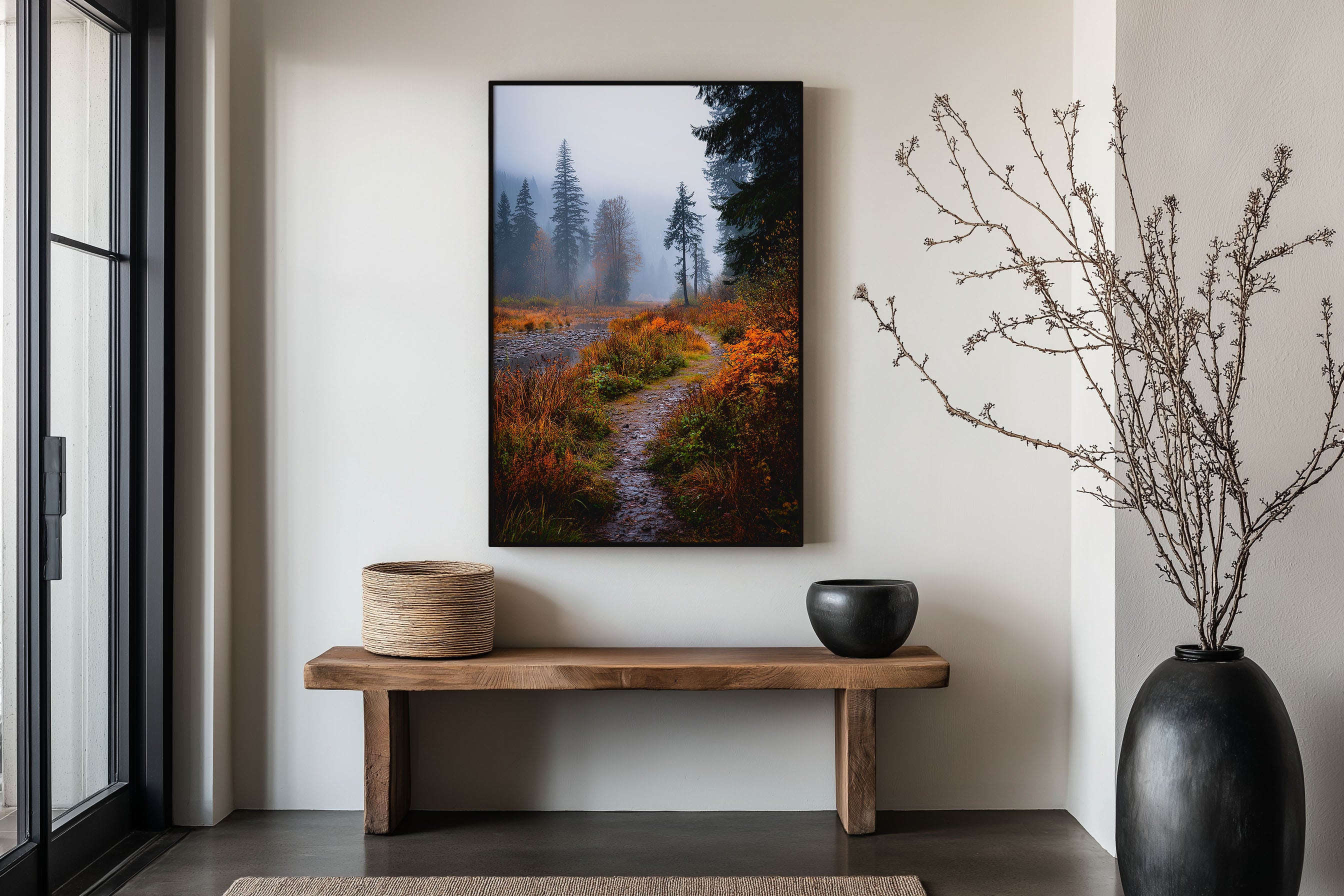 Autumn Foggy Forest Trail Wall Art Print | Pacific Northwest Misty Woodland Photography | Fall Foliage River Path Poster
