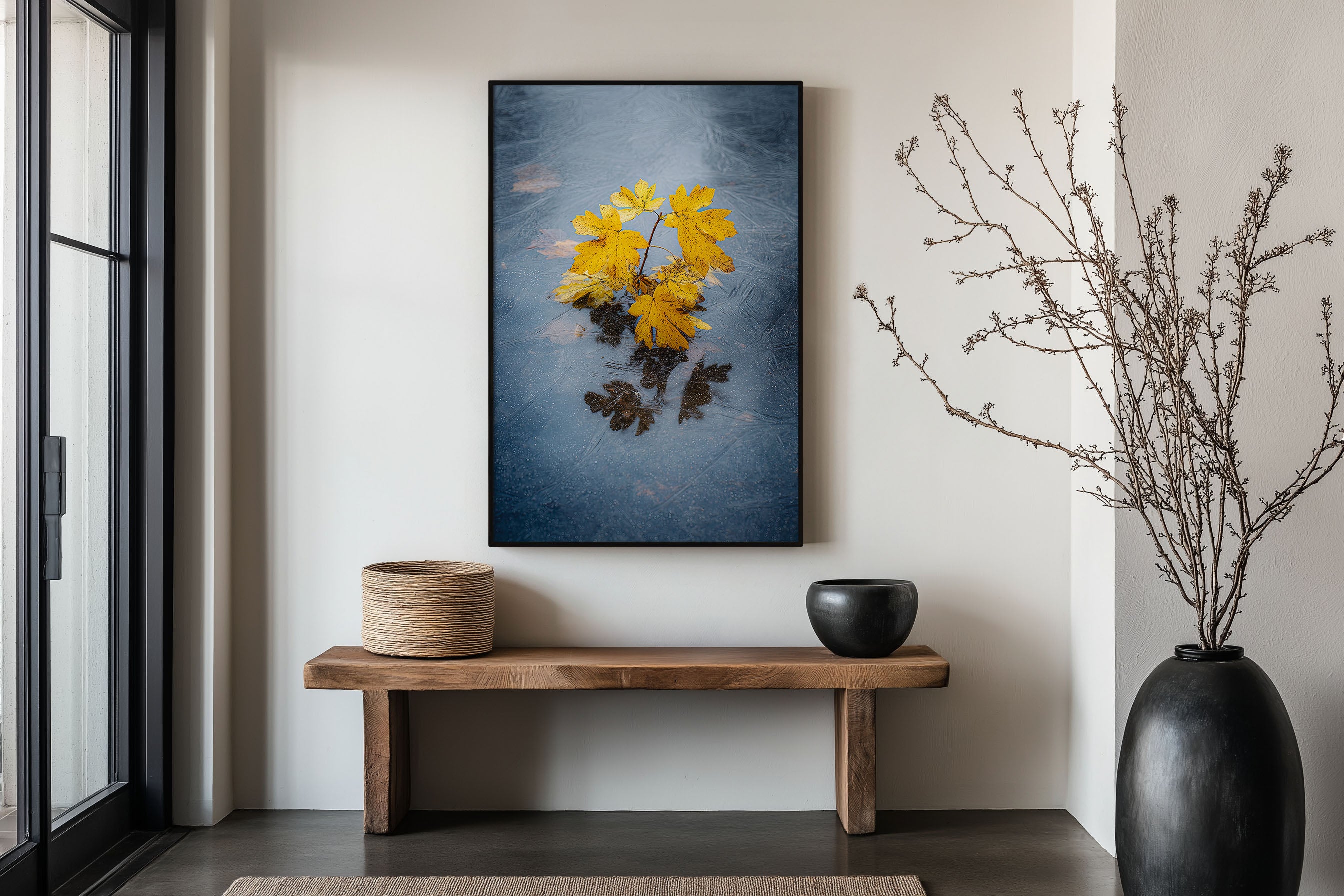 Autumn Leaves Frozen Ice Print | Yellow Maple Leaf Winter Wall Art | Minimalist Nature Macro Landscape Photography Poster