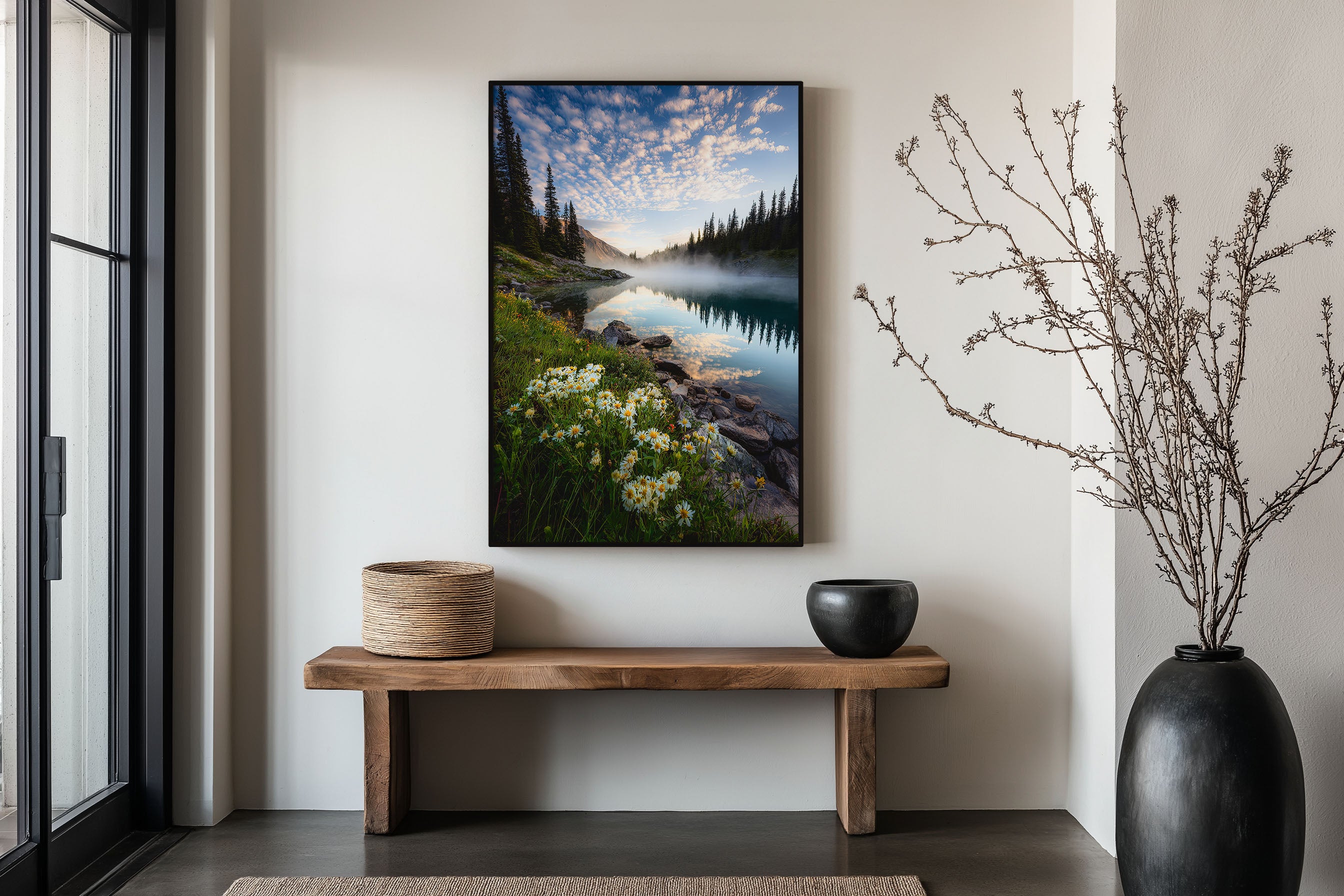 Banff National Park Alpine Lake Wildflower Print | Canadian Rockies Summer Wall Art | Banff Alpine Wildflower Morning Mist Lake Landscape Photography Poster