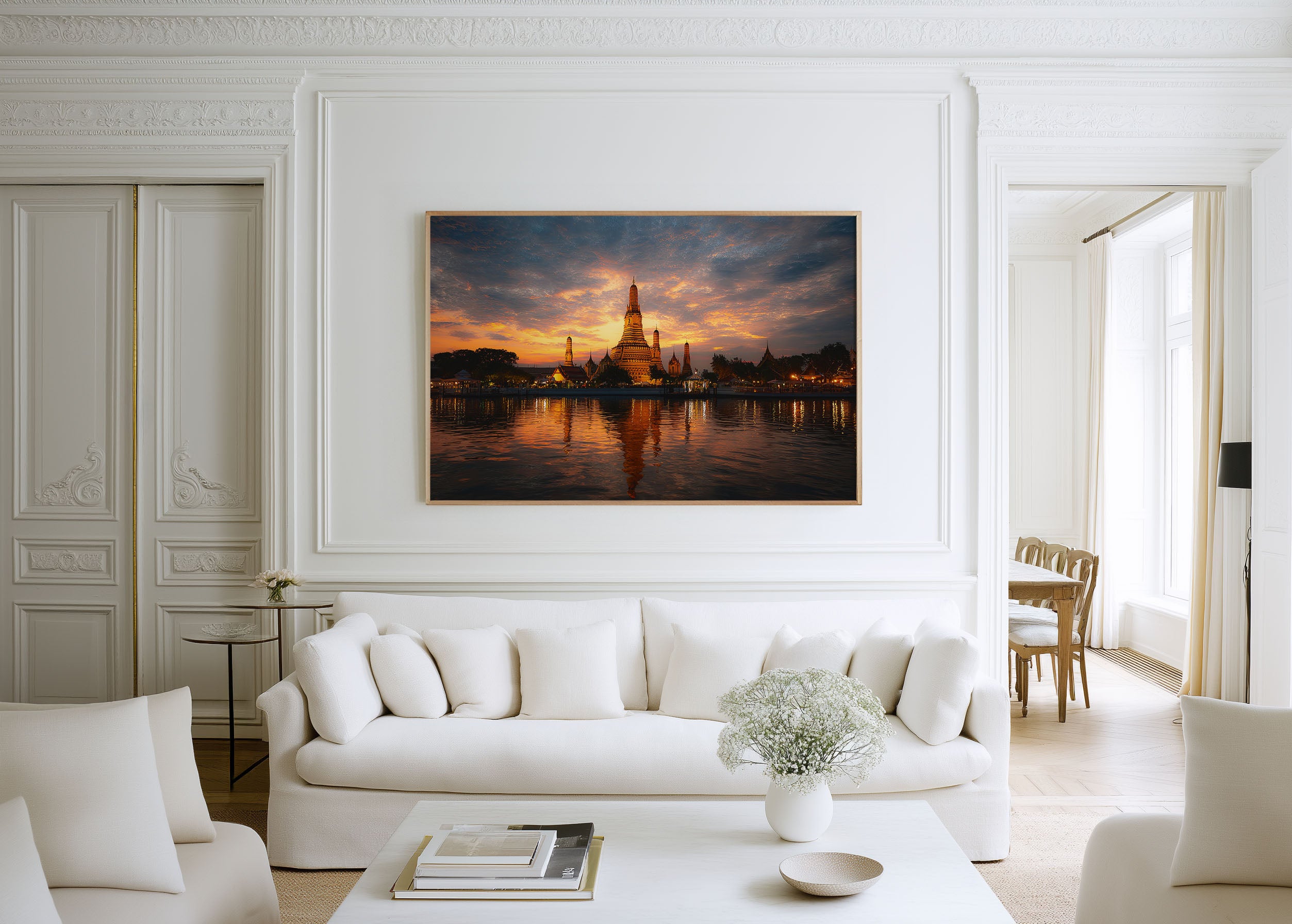 Bangkok Riverside Temple Sunset Wall Art Print – Thailand Golden Temple Canvas