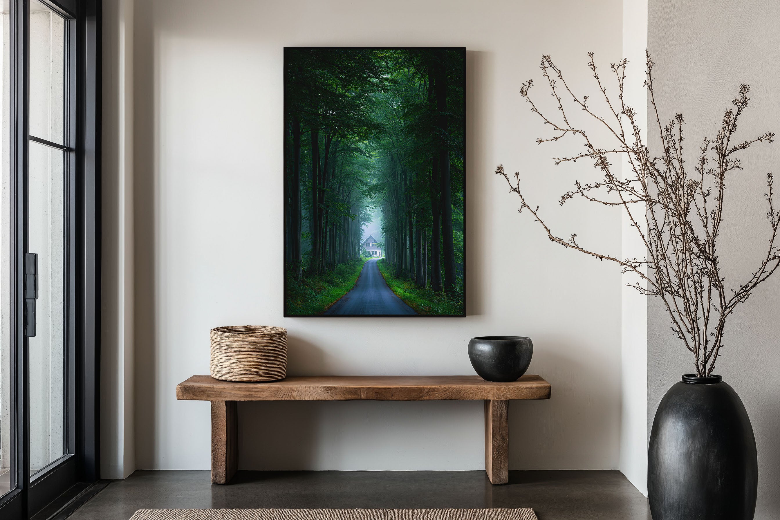Beech Forest Road Cottage Print | Enchanted Forest Path Wall Art | Dark Green Misty Tree Tunnel Landscape Photography Poster